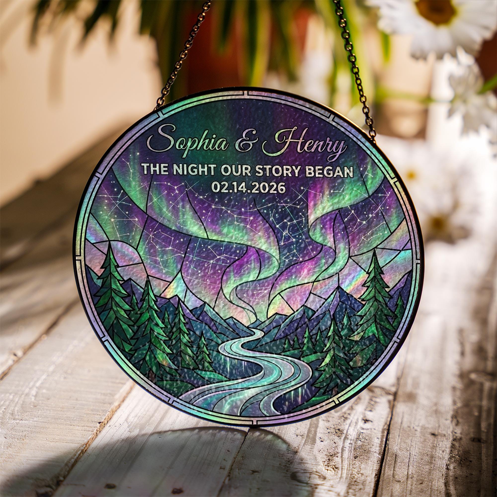 Personalized Aurora Borealis Suncatcher: Custom Names & Date, Night Sky Decor image 1