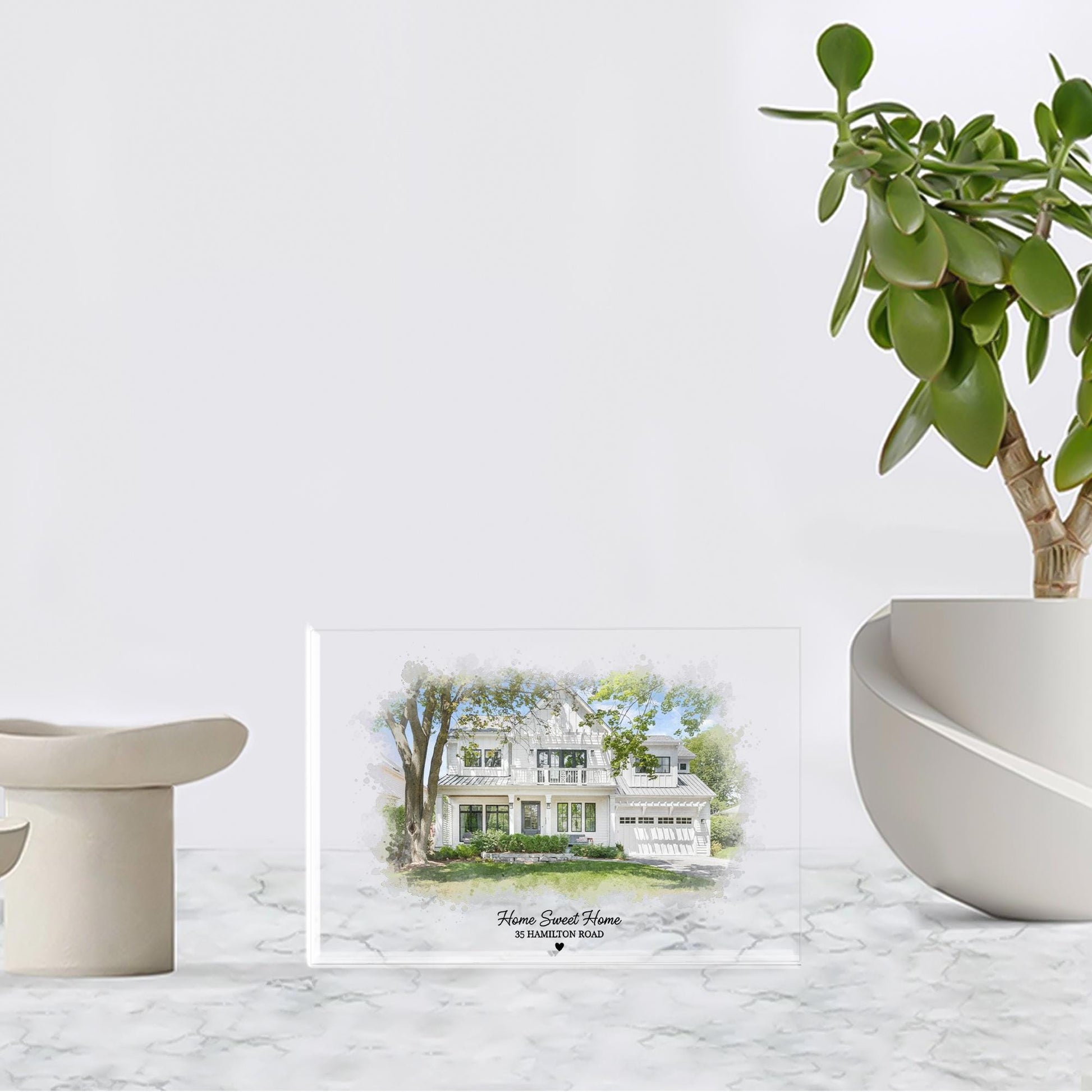 Custom Acrylic Block House Portrait, Watercolor Home Illustration with Address image 1