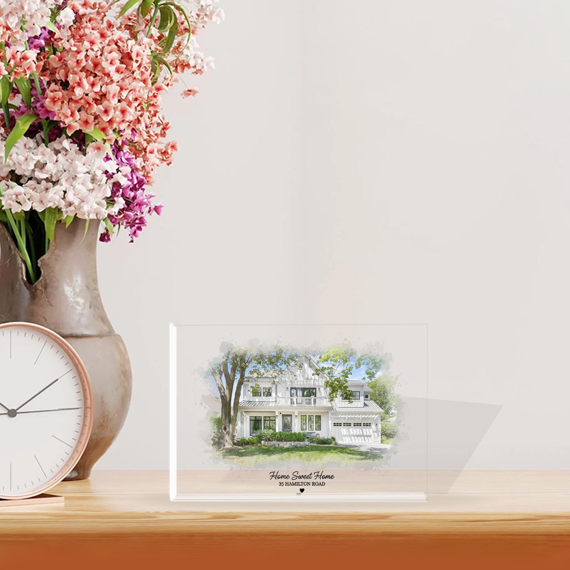 Custom Acrylic Block House Portrait, Watercolor Home Illustration with Address image 2