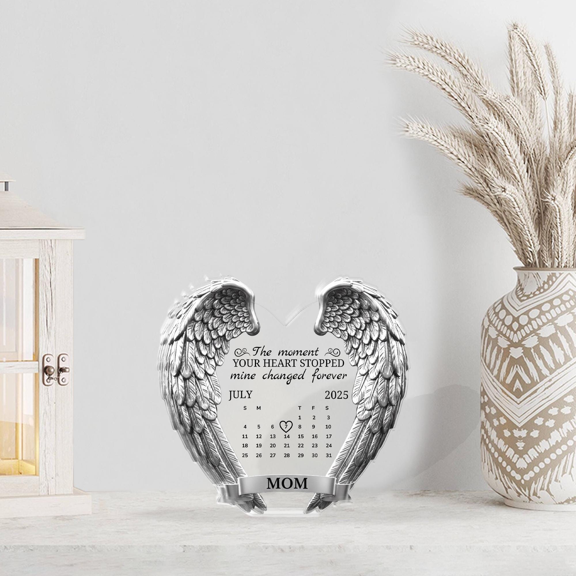 Memorial Acrylic Block, Angel Wings Calendar Plaque, Personalized Name and Date image 1