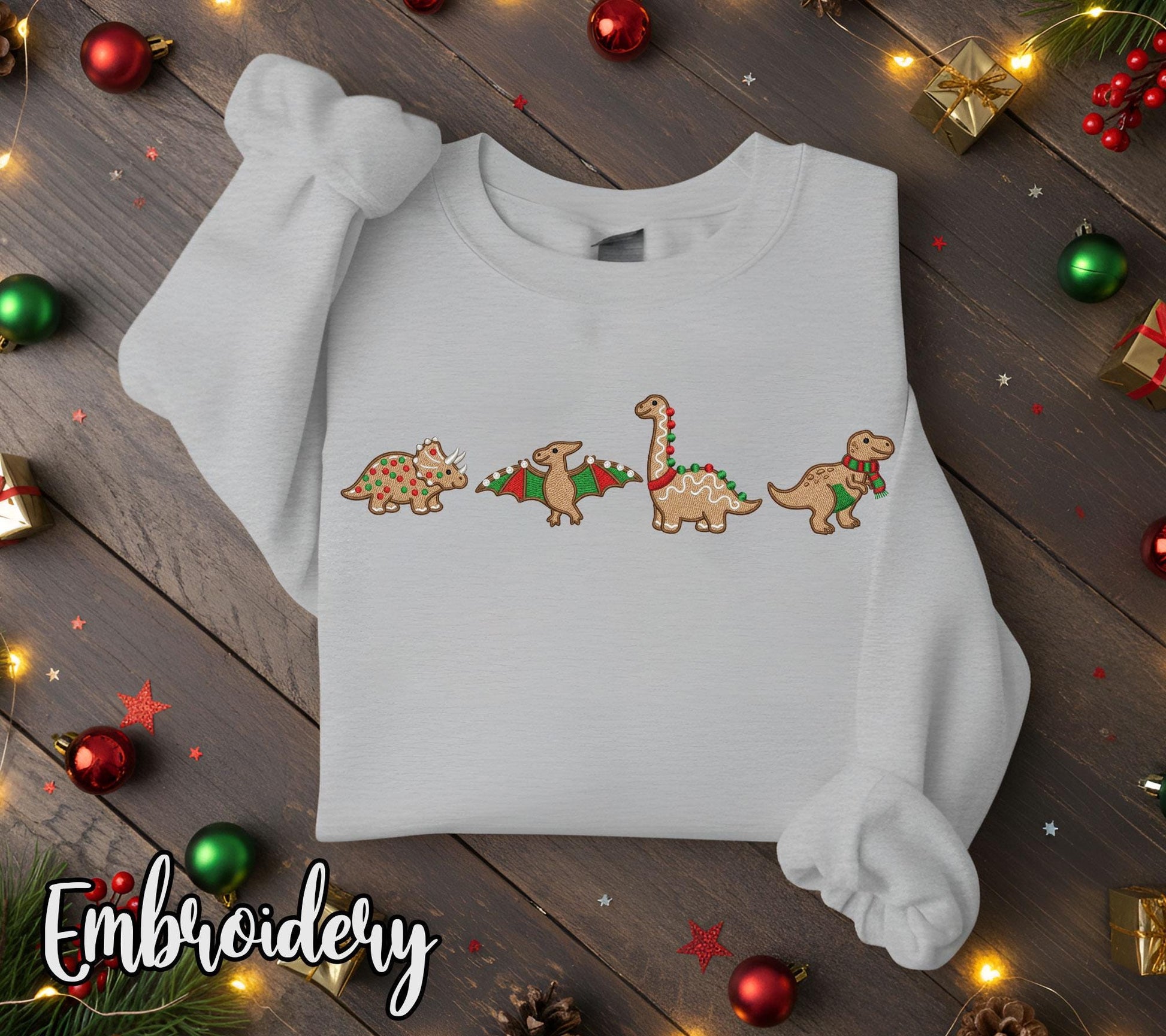 Embroidered Gingerbread Dinosaur Quartet, Holiday Cookie Crewneck or Hoodie image 3