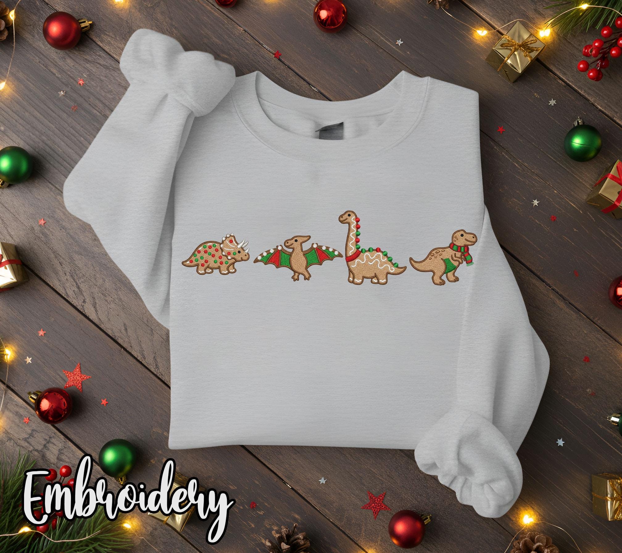 Embroidered Gingerbread Dinosaur Quartet, Holiday Cookie Crewneck or Hoodie image 3