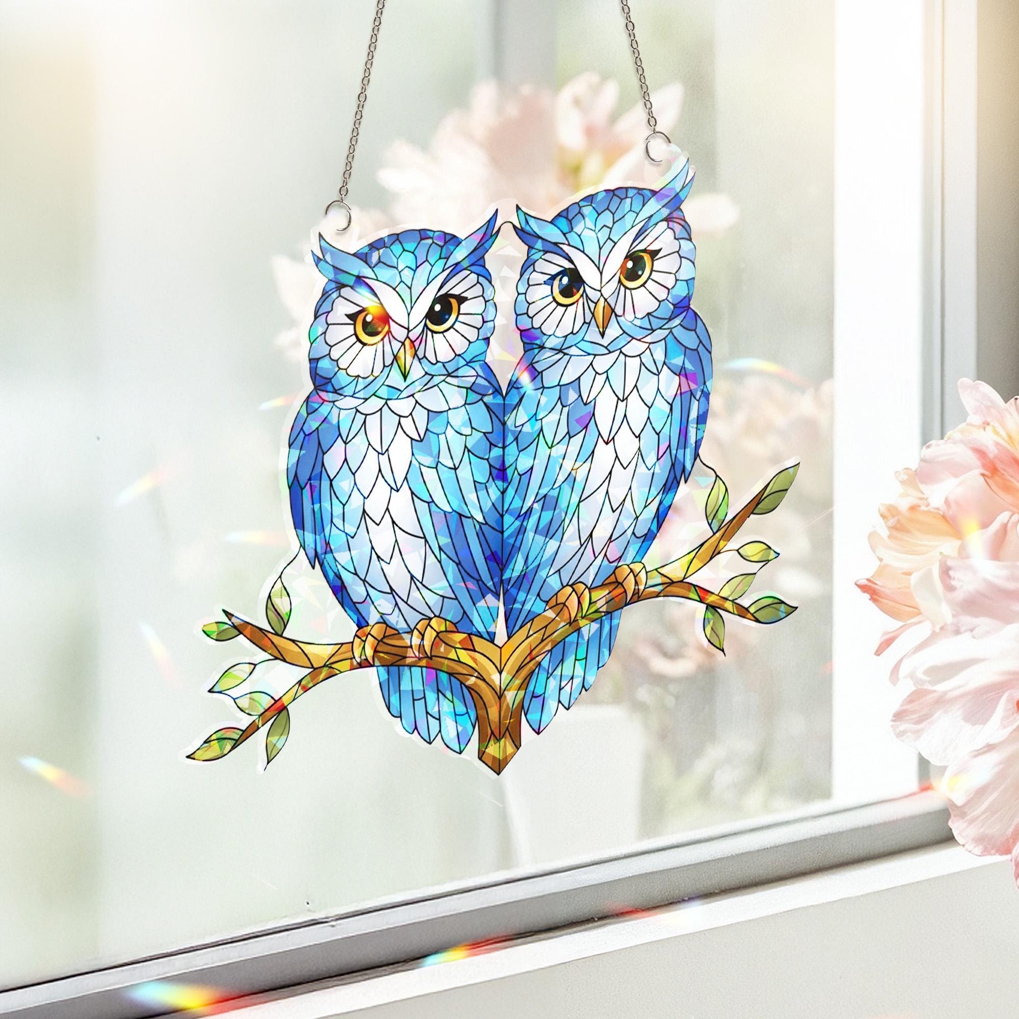 Holographic Acrylic Suncatcher: Window Decor with Blue Owl Design and Light-Reflective Finish image 2