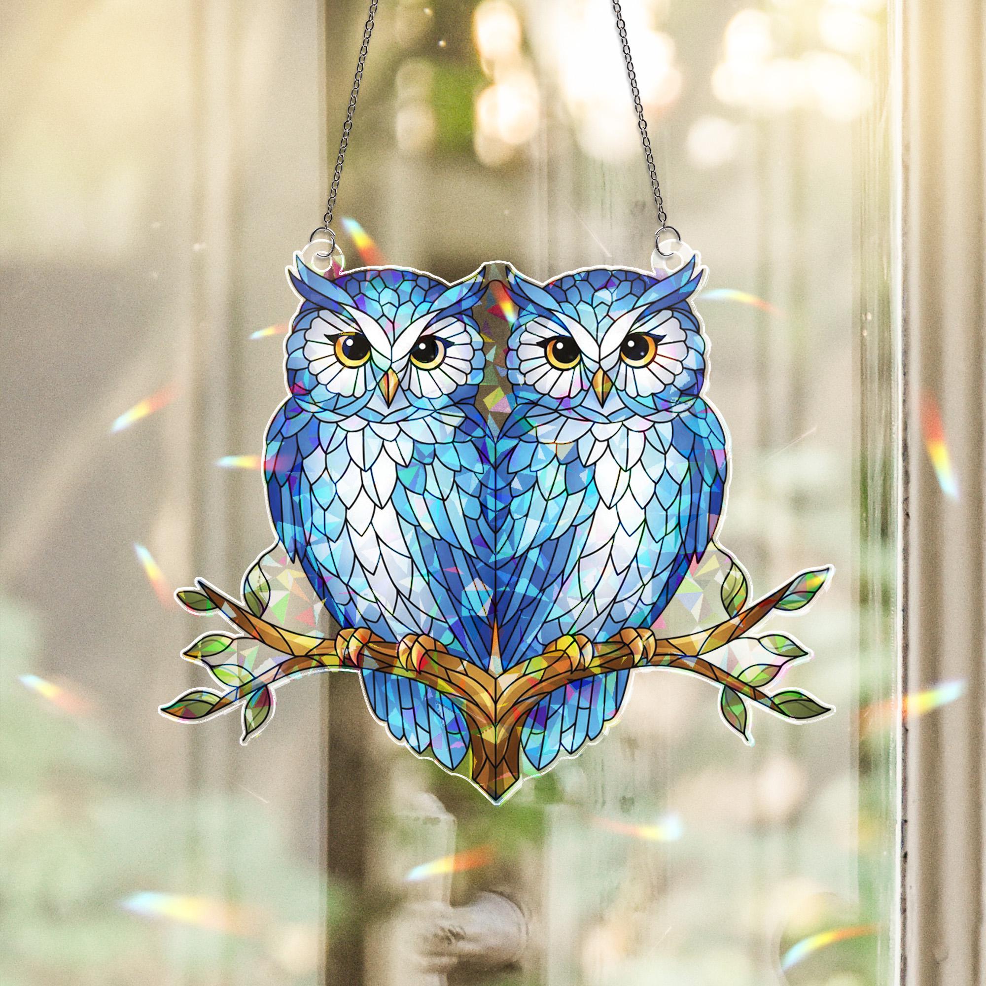Holographic Acrylic Suncatcher: Window Decor with Blue Owl Design and Light-Reflective Finish image 1