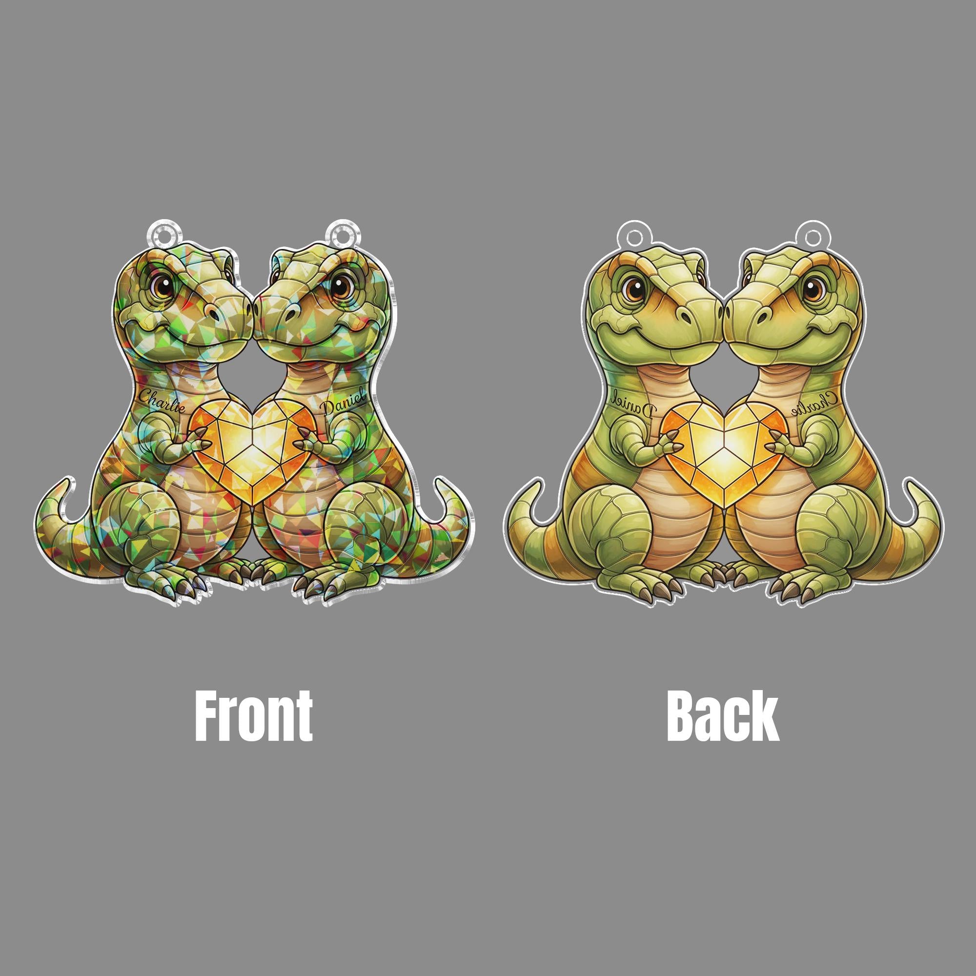 Personalized Acrylic Suncatcher: Dinosaur Couple Heart, Holographic Window Hanging image 5