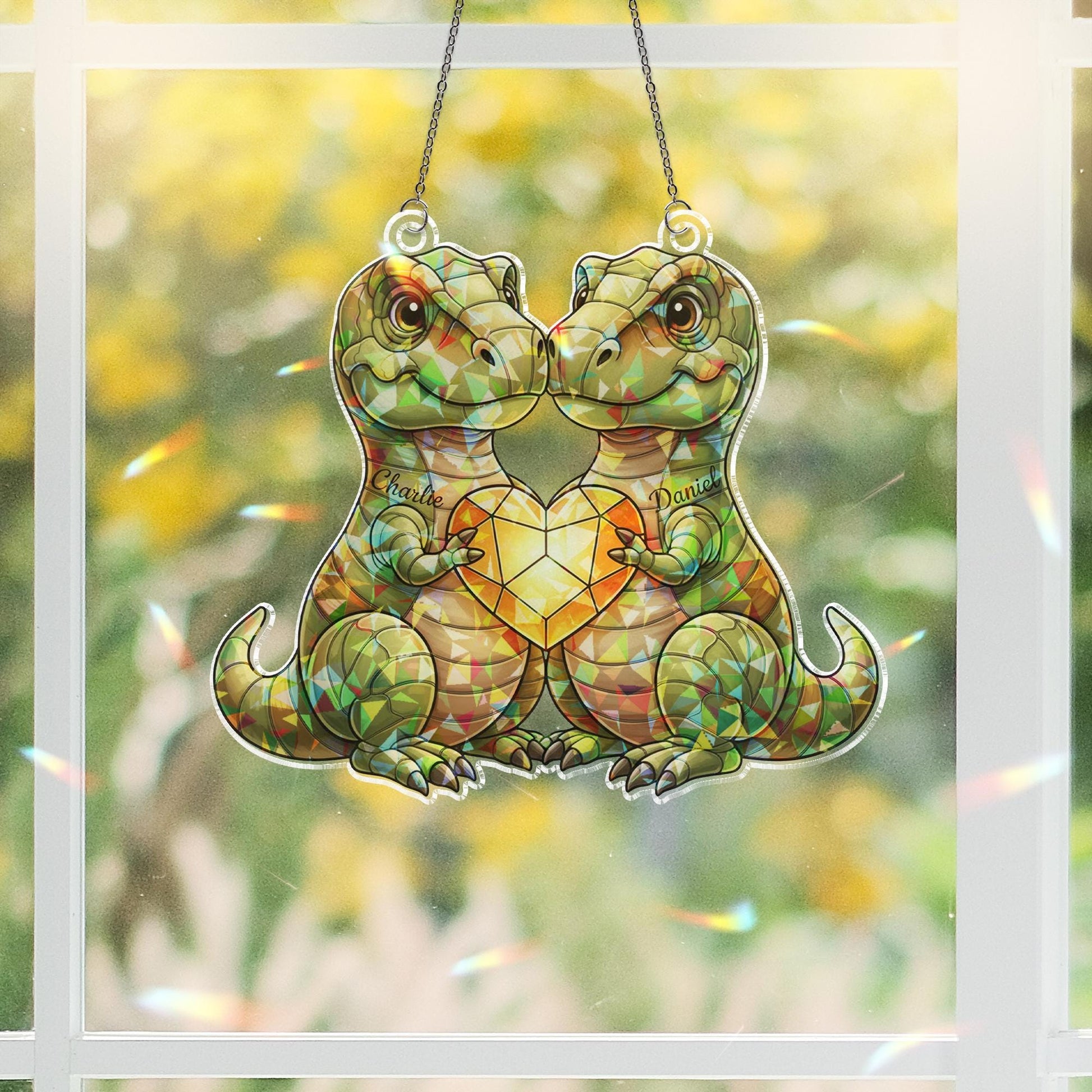 Personalized Acrylic Suncatcher: Dinosaur Couple Heart, Holographic Window Hanging image 3