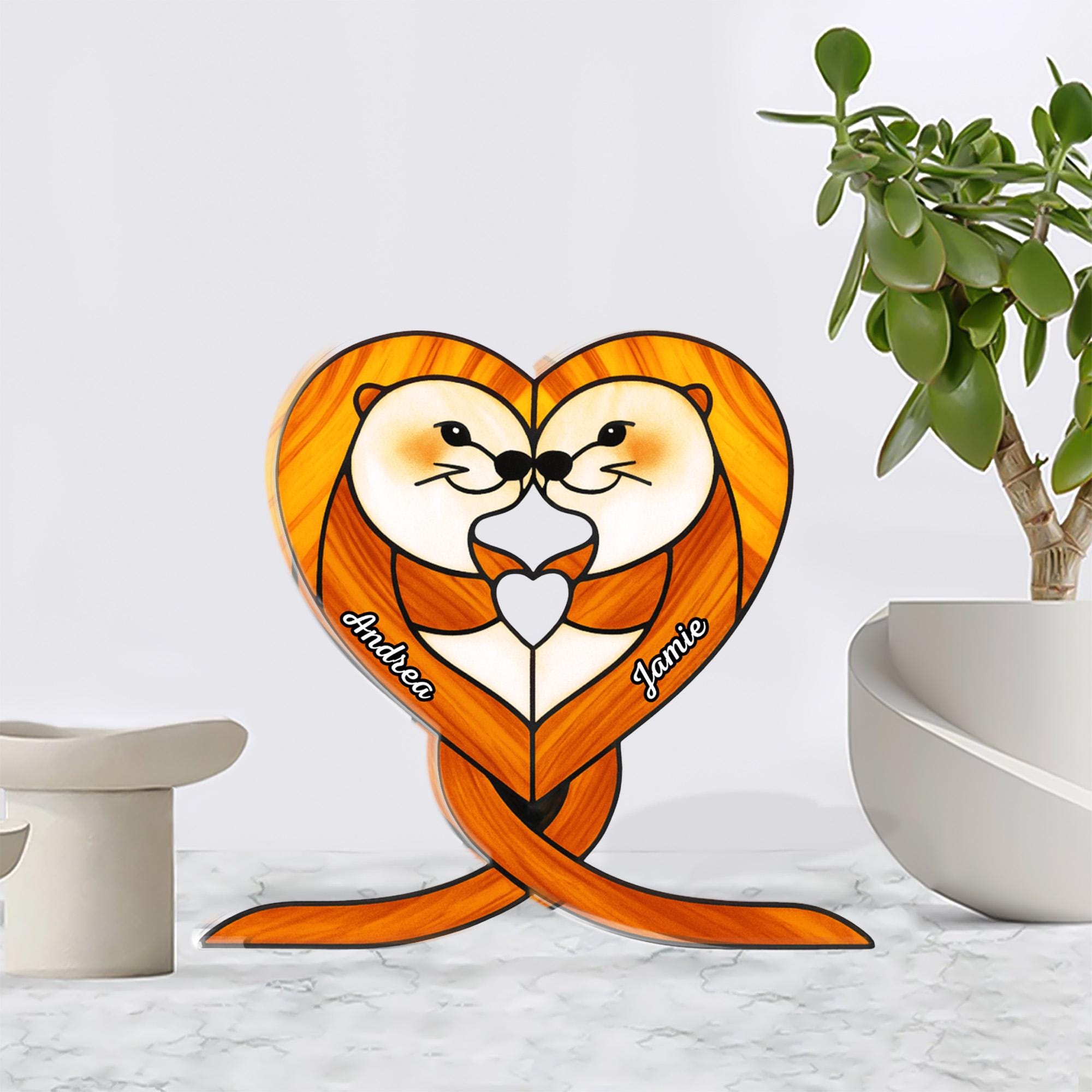 Custom Otter Acrylic Block, Personalized Couple Names Heart Illustration image 2