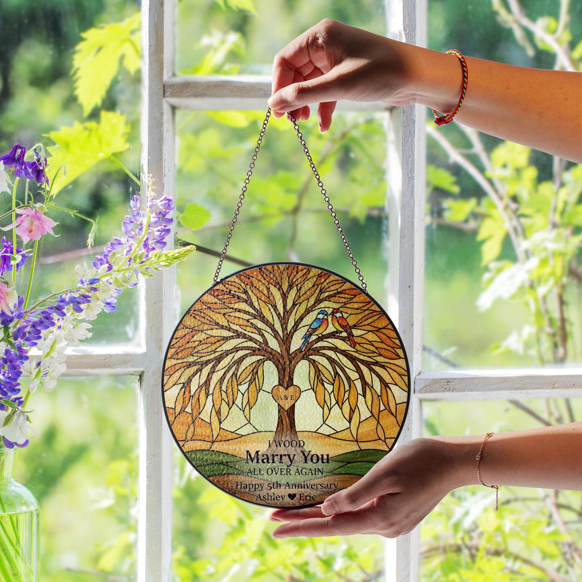 Personalized Glass Suncatcher: Tree Heart Birds, Anniversary Window Decor image 2