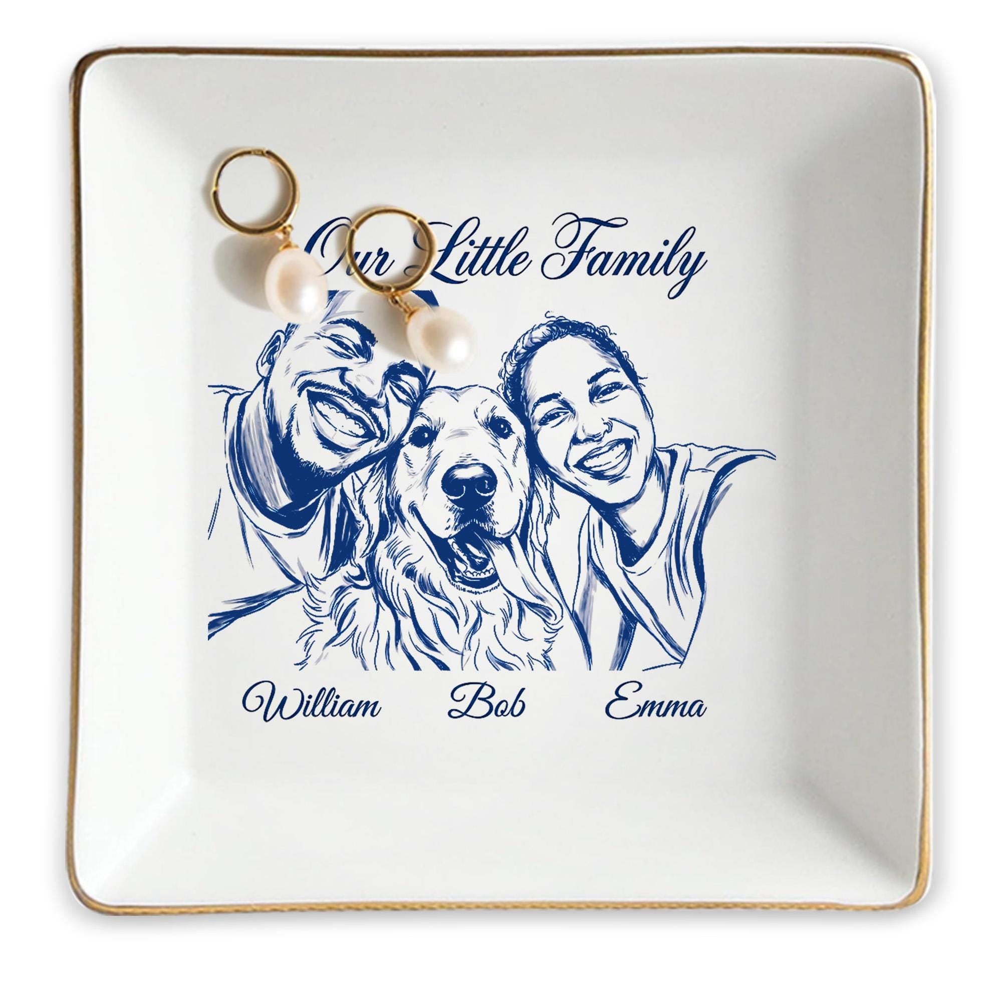 Personalized Ceramic Jewelry Dish: Custom Family Portrait Line Art Tray with Pet Illustration image 2