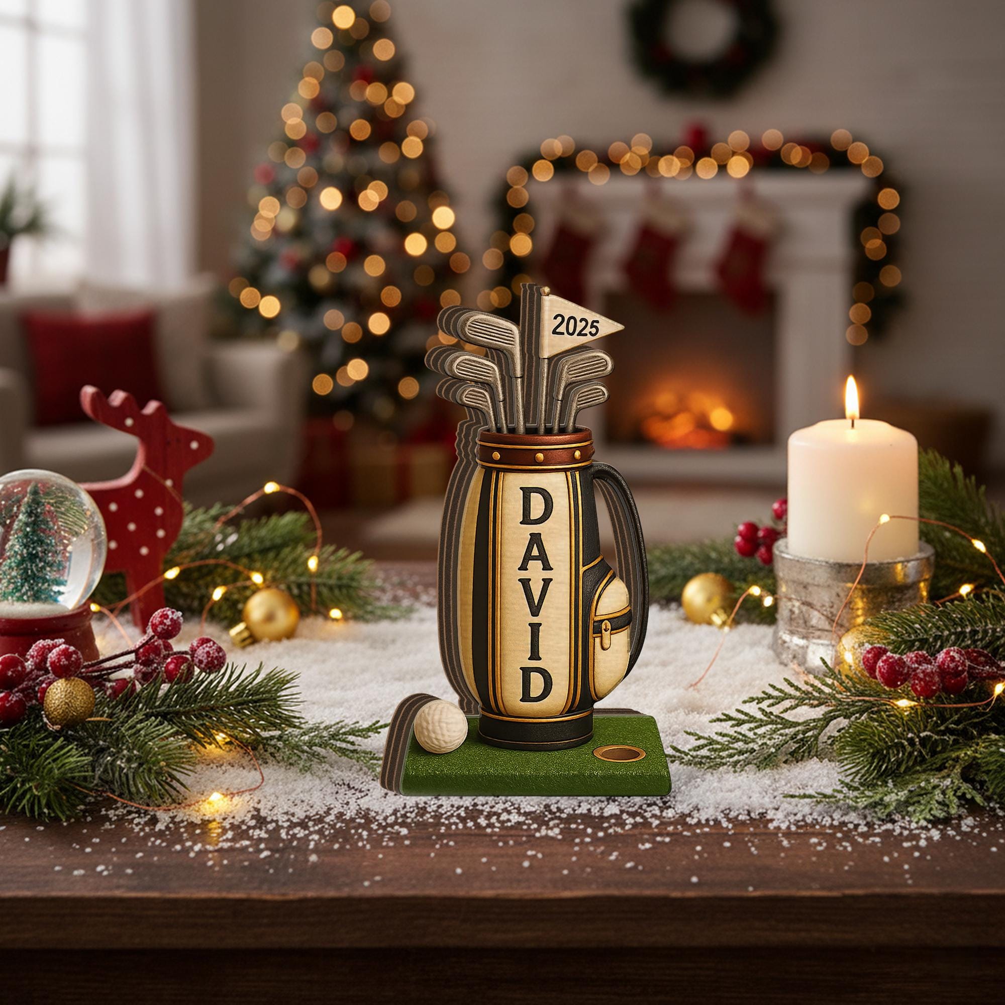 Personalized Golf Bag Wooden Block, Custom Name Desk Decor with Year Flag image 1