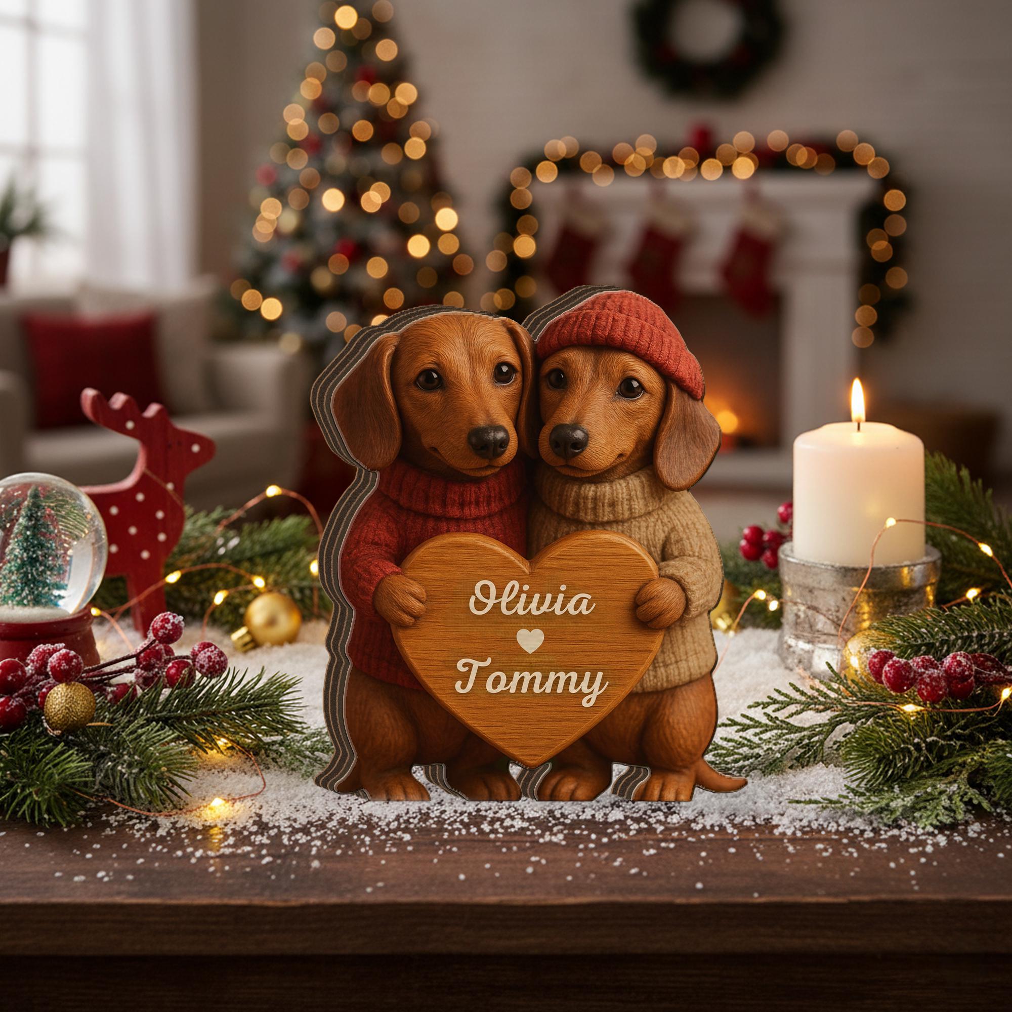 Personalized Dachshund Couple Wooden Block, Custom Dog Names Heart Decor image 2
