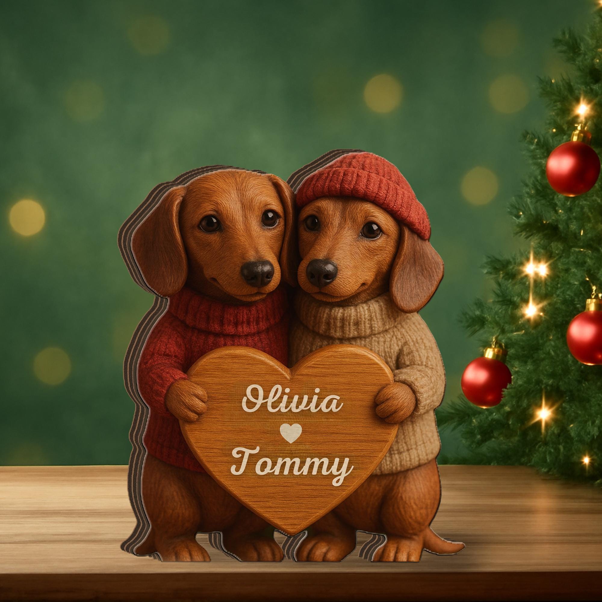 Personalized Dachshund Couple Wooden Block, Custom Dog Names Heart Decor image 1