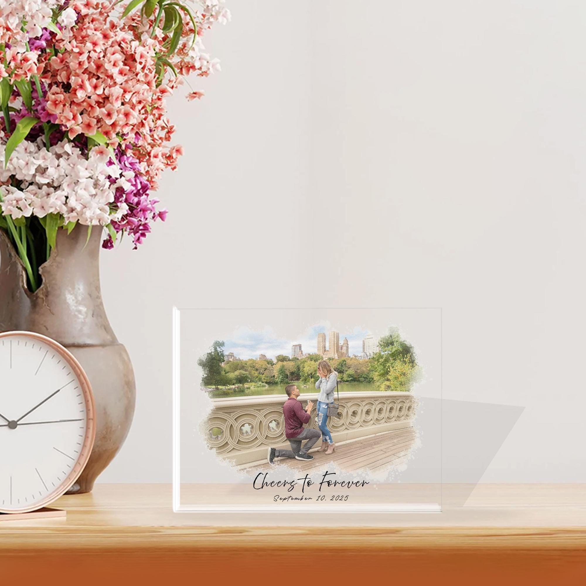 Custom Engagement Acrylic Block, Watercolor Photo Portrait with Date Text image 1