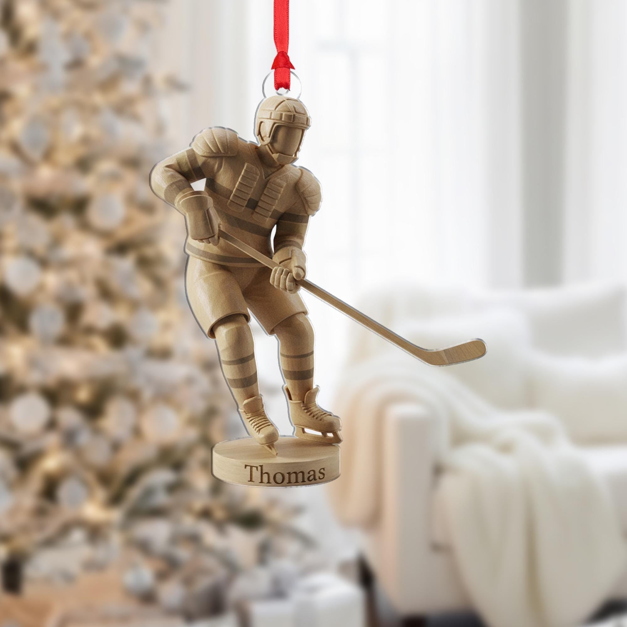 Personalized Hockey Player Wood-Look Ornament: Custom Name Acrylic Gift image 2