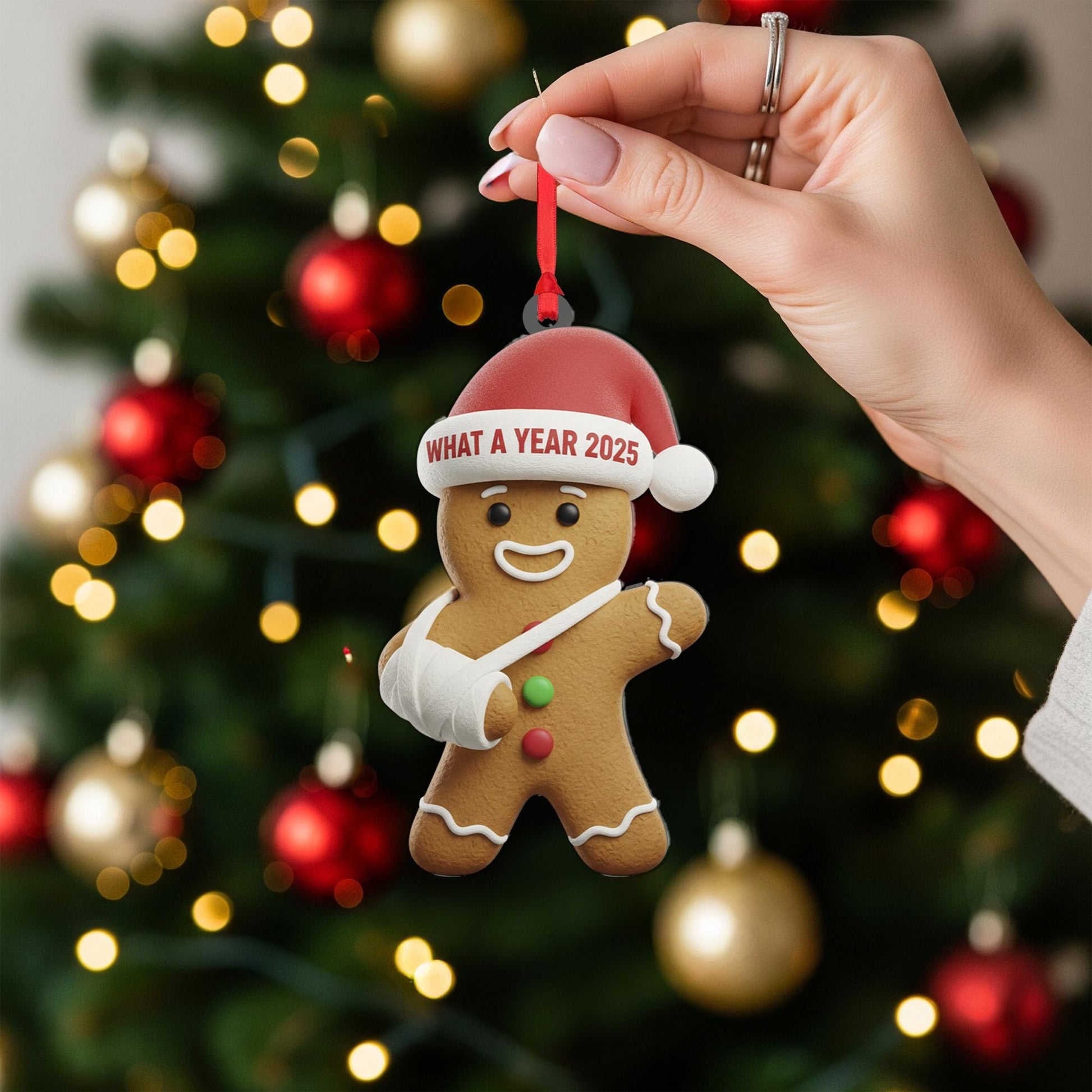 What a Year 2025 Gingerbread Ornament: Broken Arm Santa Hat Acrylic Gift image 3