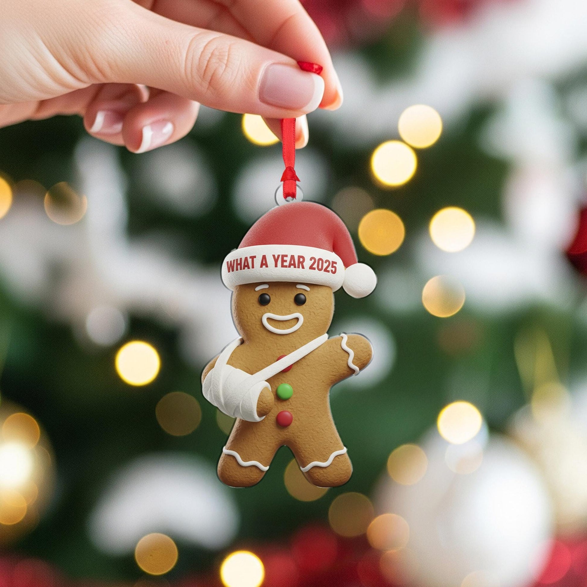 What a Year 2025 Gingerbread Ornament: Broken Arm Santa Hat Acrylic Gift image 5