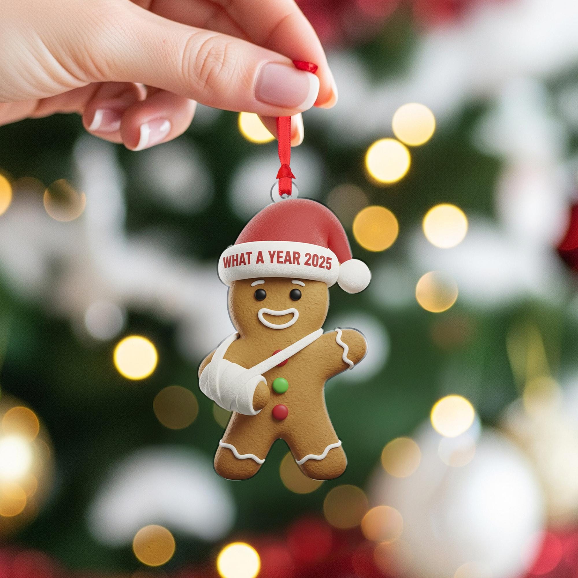 What a Year 2025 Gingerbread Ornament: Broken Arm Santa Hat Acrylic Gift image 5