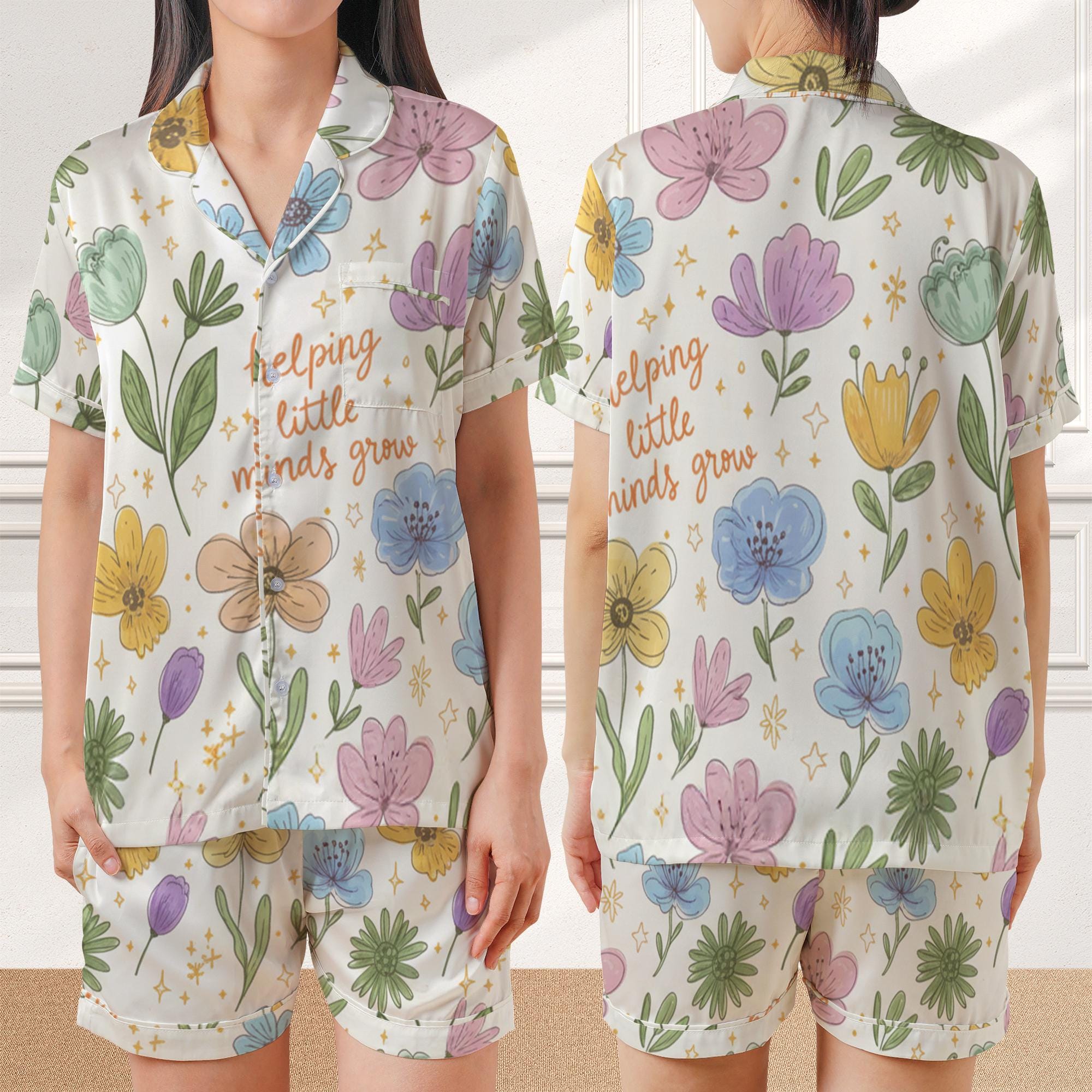 Pastel Floral Satin Pajama Set: Teacher Appreciation Gift Women’s Sleepwear image 2