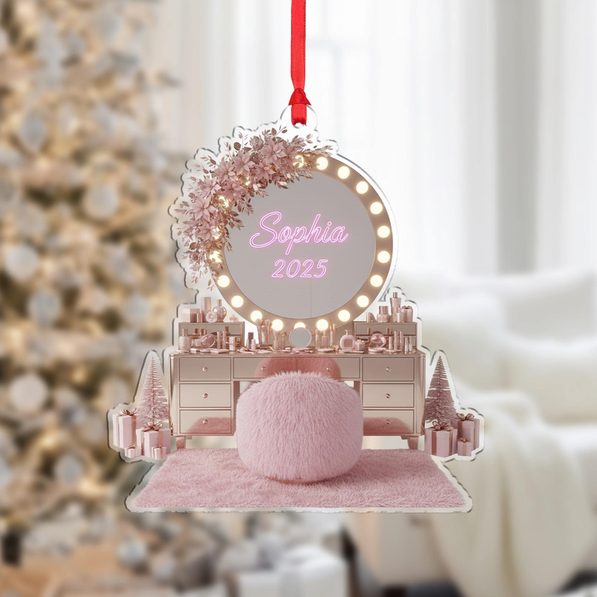 Personalized Makeup Vanity Ornament, Pink Coquette Christmas Decor, Acrylic Keepsake, Glam Desk Illustration image 1
