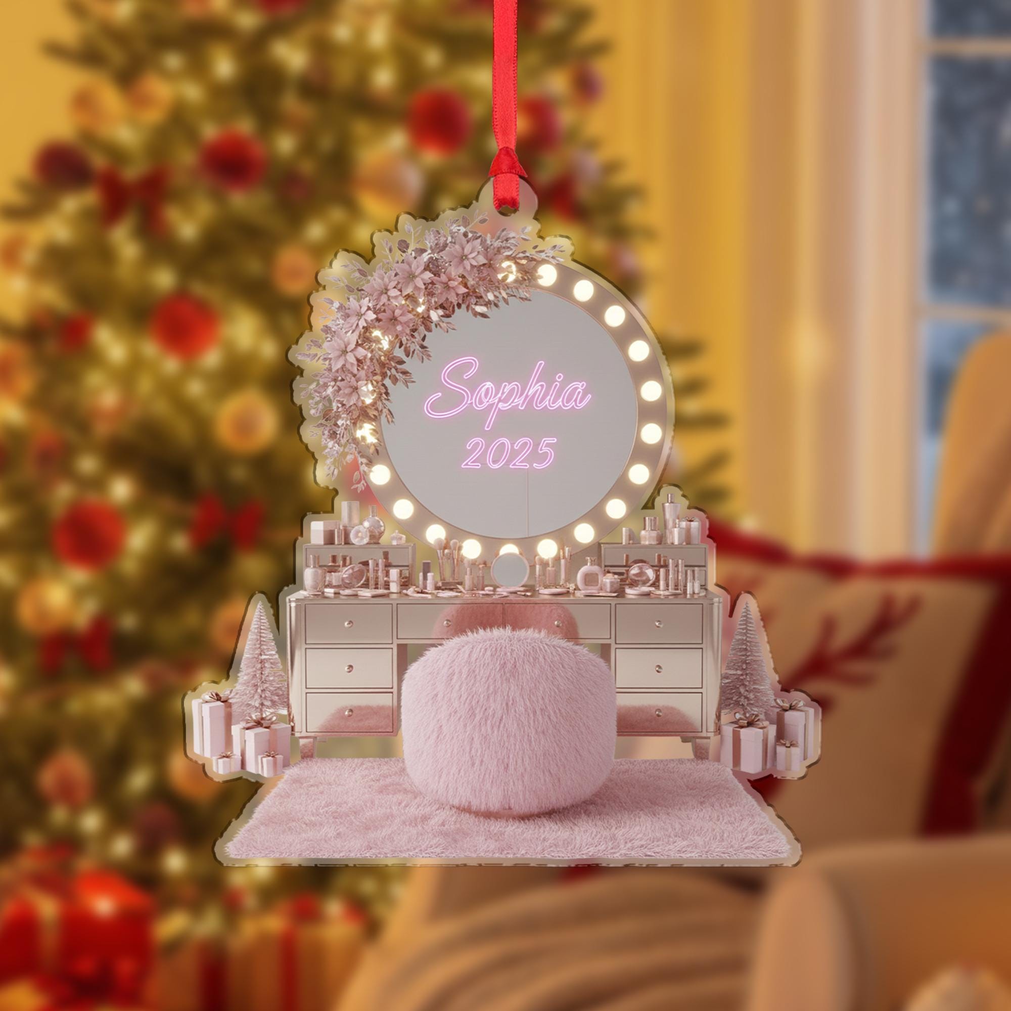Personalized Makeup Vanity Ornament, Pink Coquette Christmas Decor, Acrylic Keepsake, Glam Desk Illustration image 2
