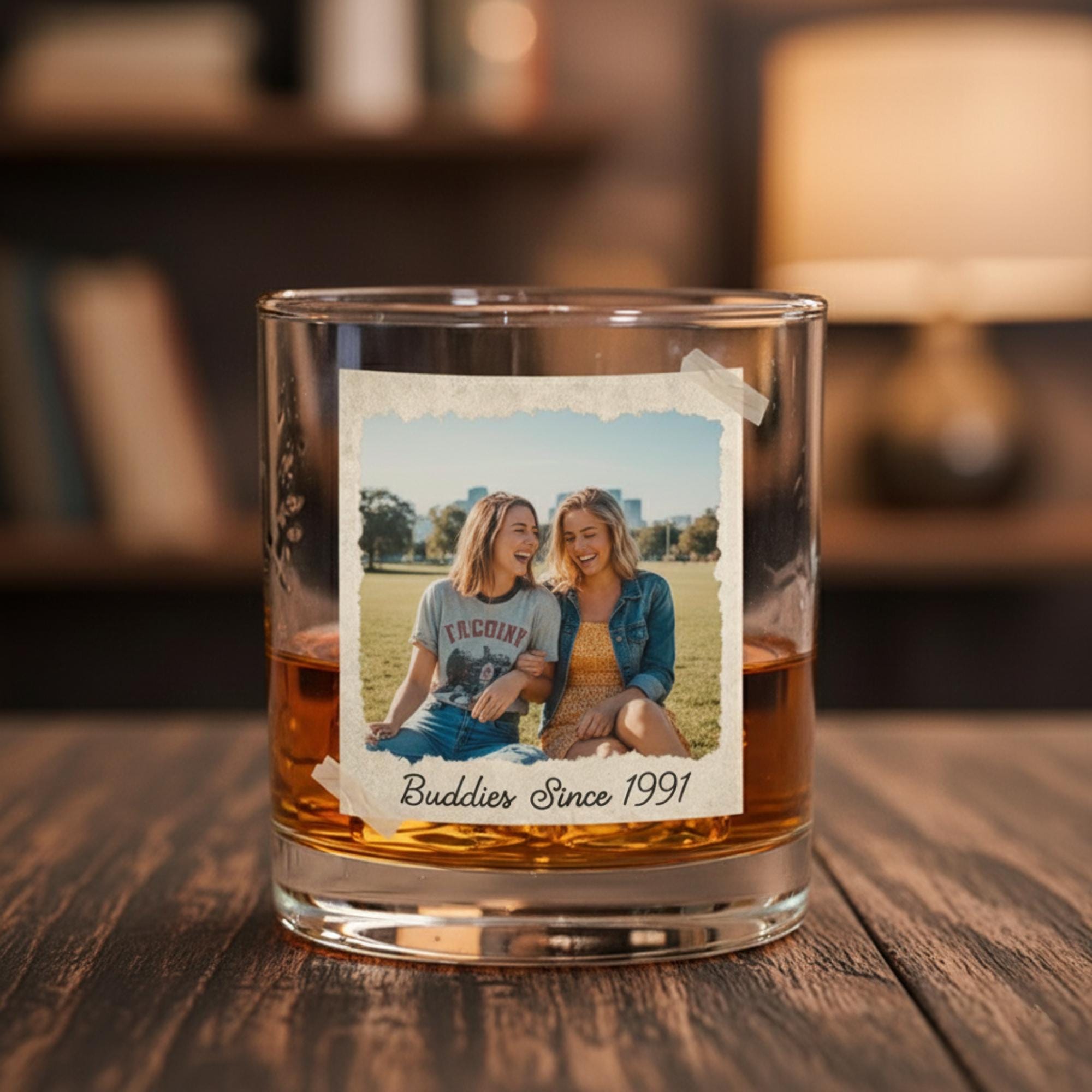 Custom Bestie Photo Whiskey Glass – Retro Instant Photo Style Personalized Drinkware image 1