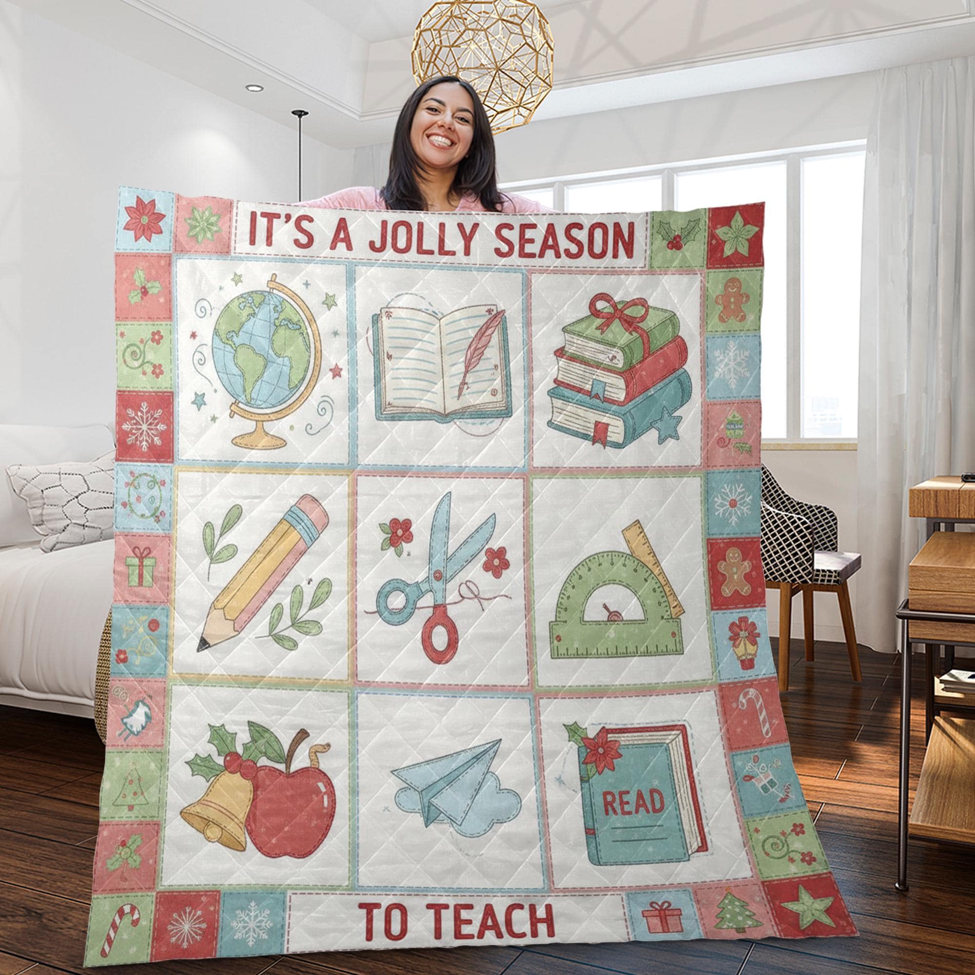 Teacher Christmas Quilt, School Patchwork Throw, "Jolly Season to Teach" Blanket, Holiday Home Decor image 1