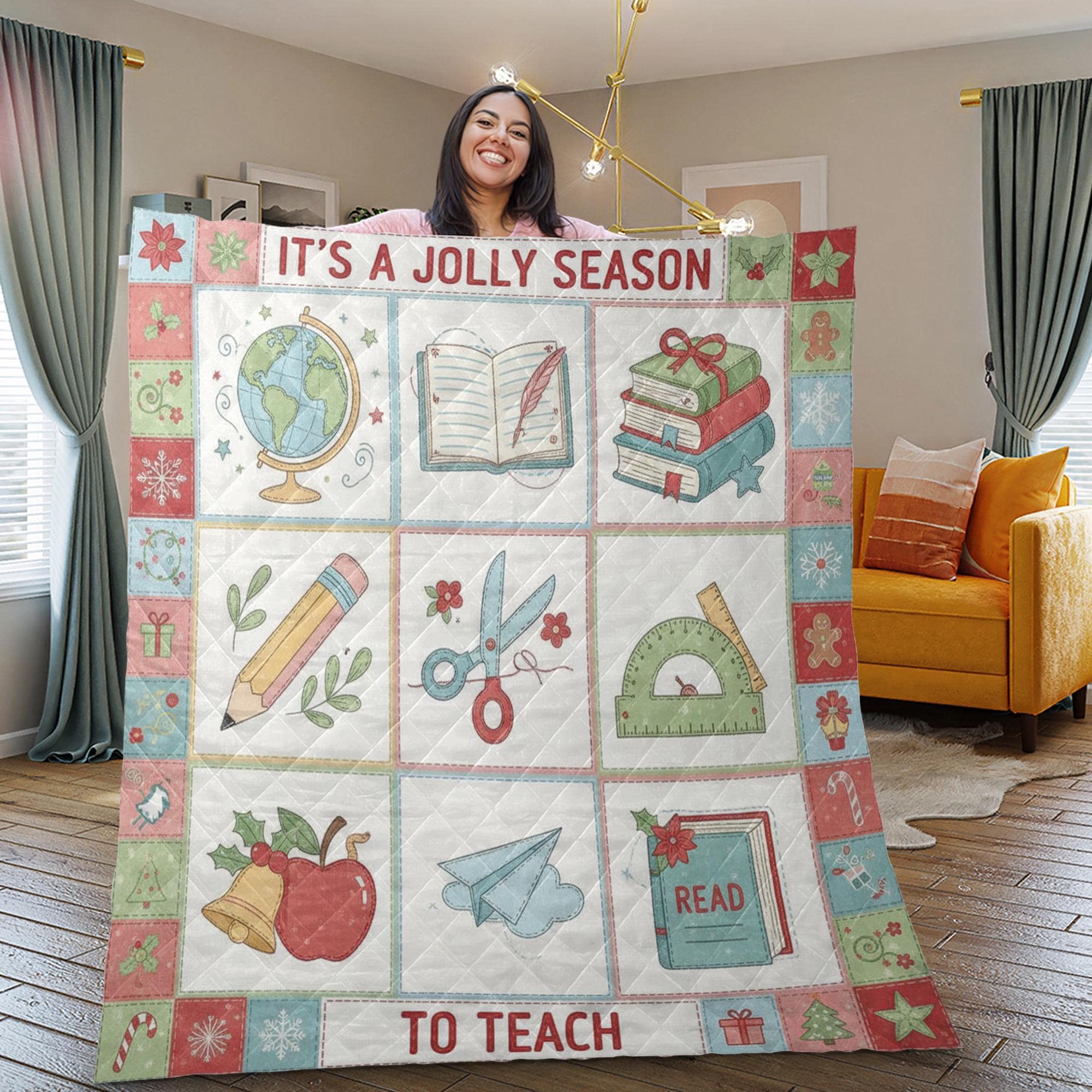 Teacher Christmas Quilt, School Patchwork Throw, "Jolly Season to Teach" Blanket, Holiday Home Decor image 2