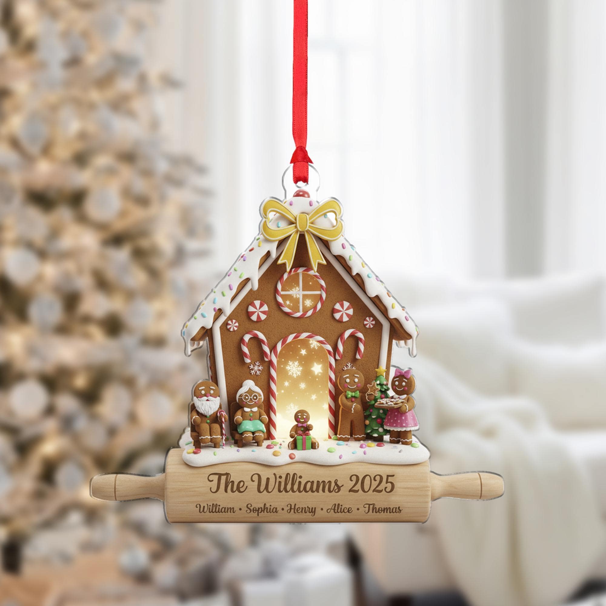 Personalized Gingerbread Family Ornament, Light-Up House Keepsake, Custom Names on Rolling Pin, Christmas 2025 image 2