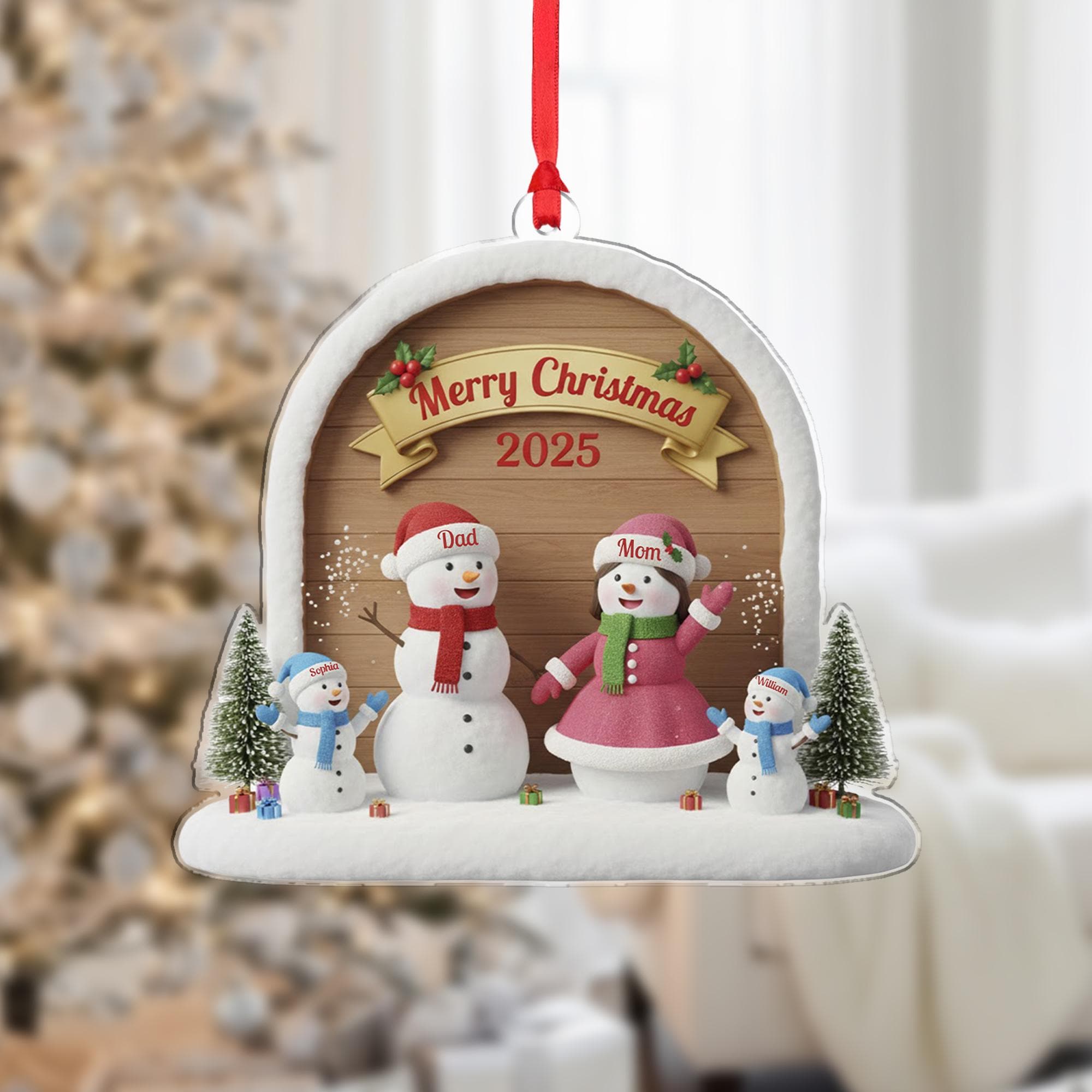 Personalized Snowman Family Ornament, Custom Names Keepsake, "Merry Christmas 2025", Wood Background Decor image 2