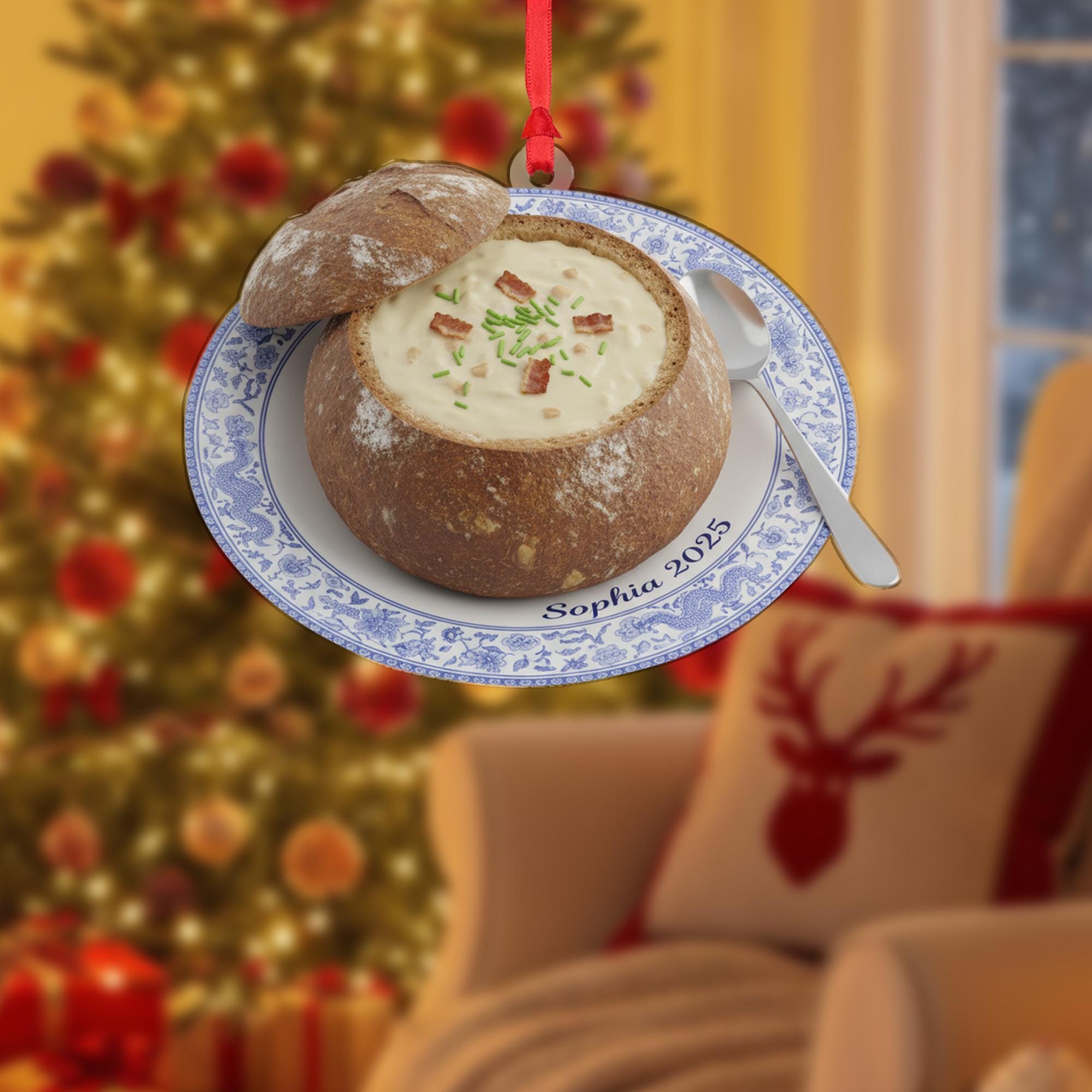 Personalized Clam Chowder Ornament, Bread Bowl Keepsake, Custom Name Food Decor, Blue Floral Plate image 1