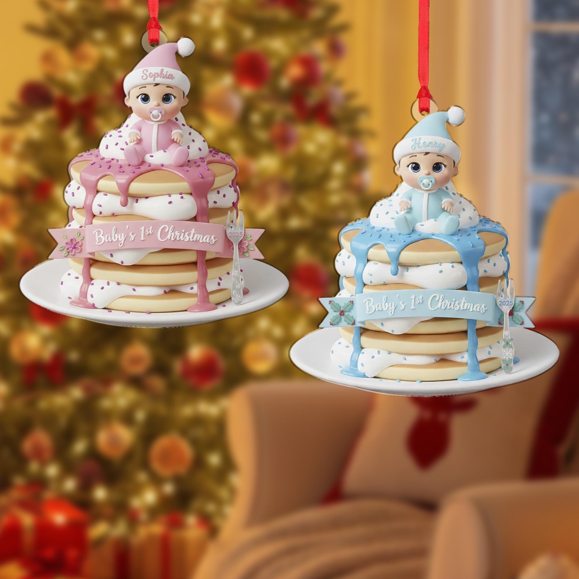 Personalized Baby's 1st Christmas Ornament, Pancake Stack Keepsake, Custom Name 2025, Pink or Blue image 1