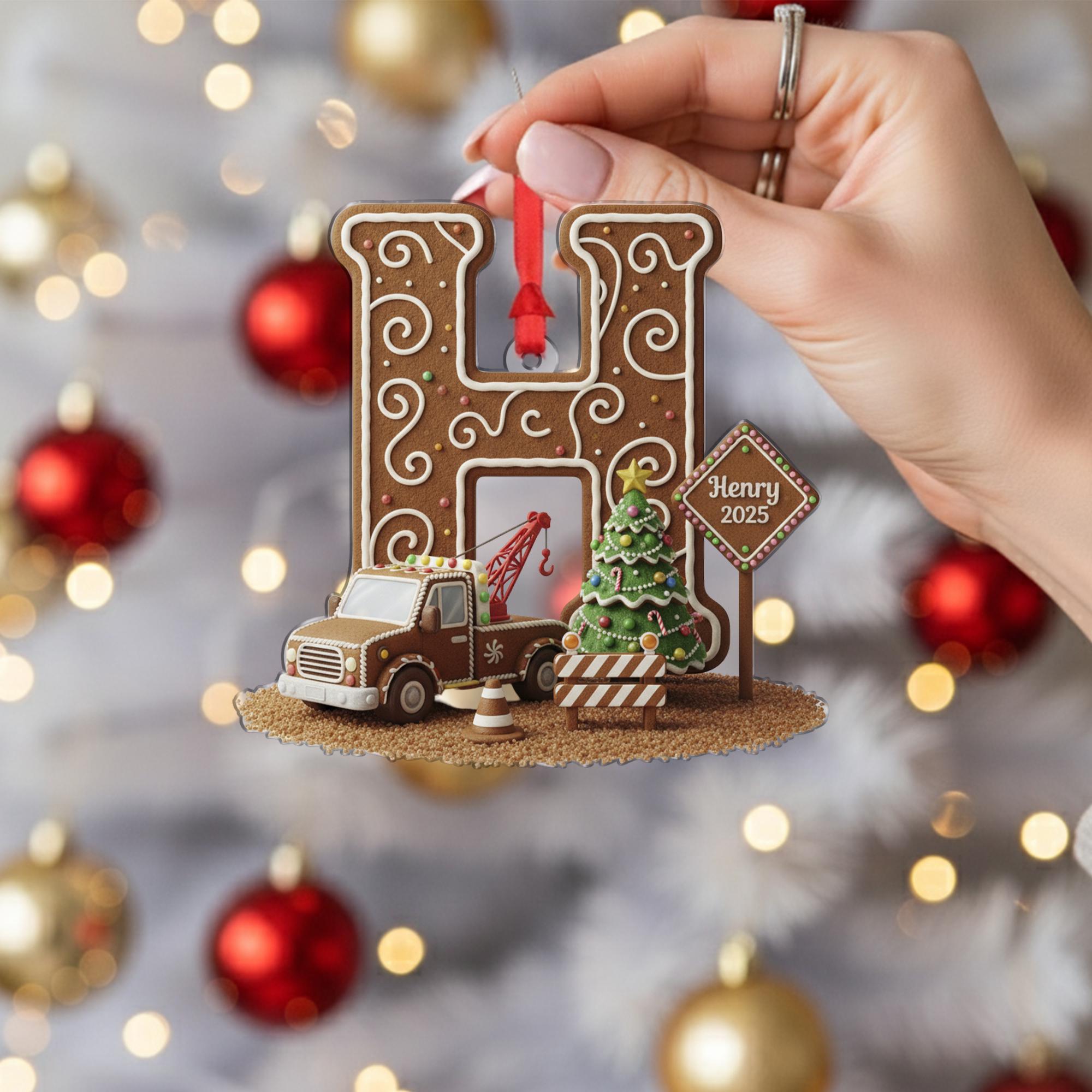 Personalized Construction Ornament, Gingerbread Letter Keepsake, Custom Initial Tow Truck, Christmas 2025 image 1