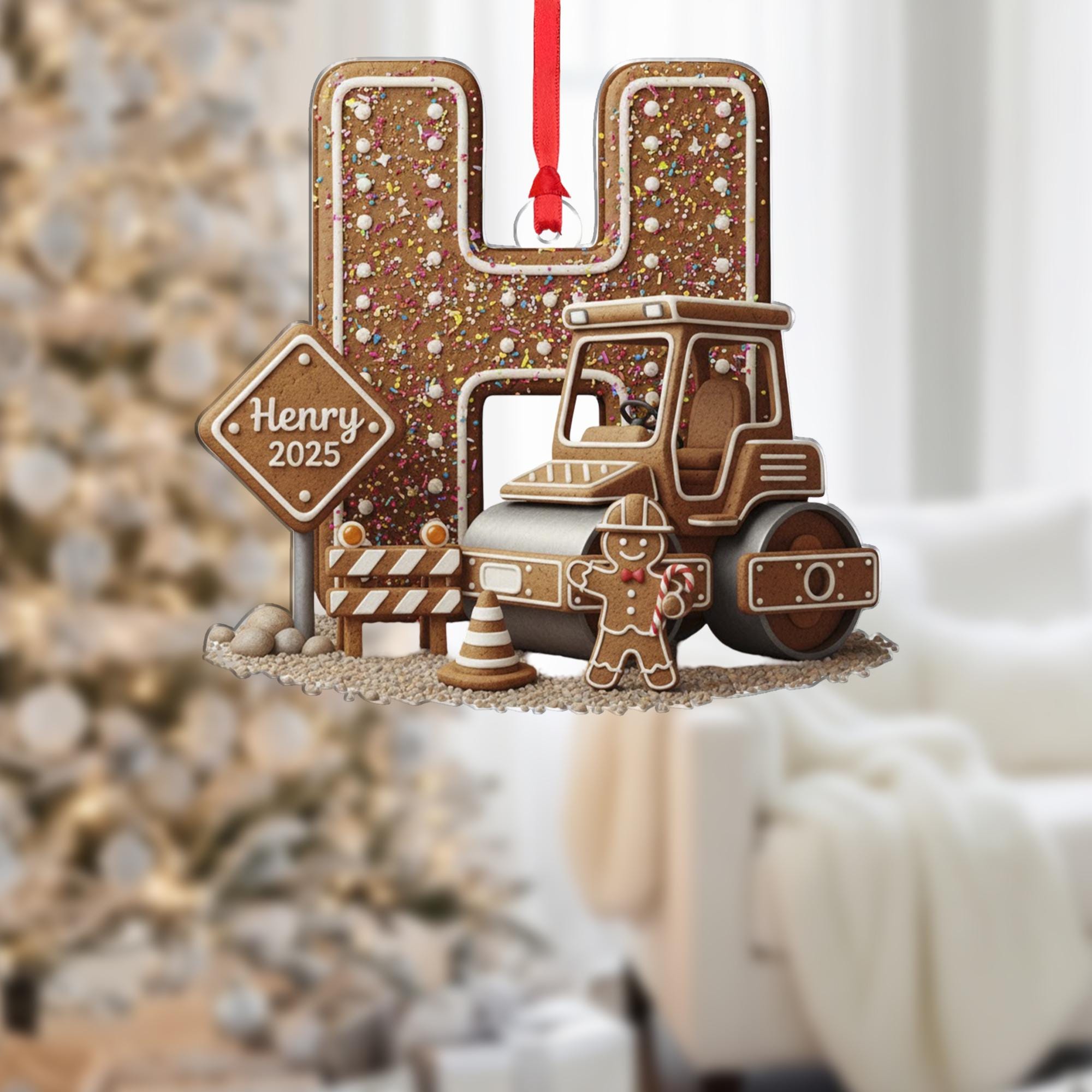Personalized Construction Ornament, Gingerbread Letter Keepsake, Custom Initial Road Roller, Christmas 2025 image 2