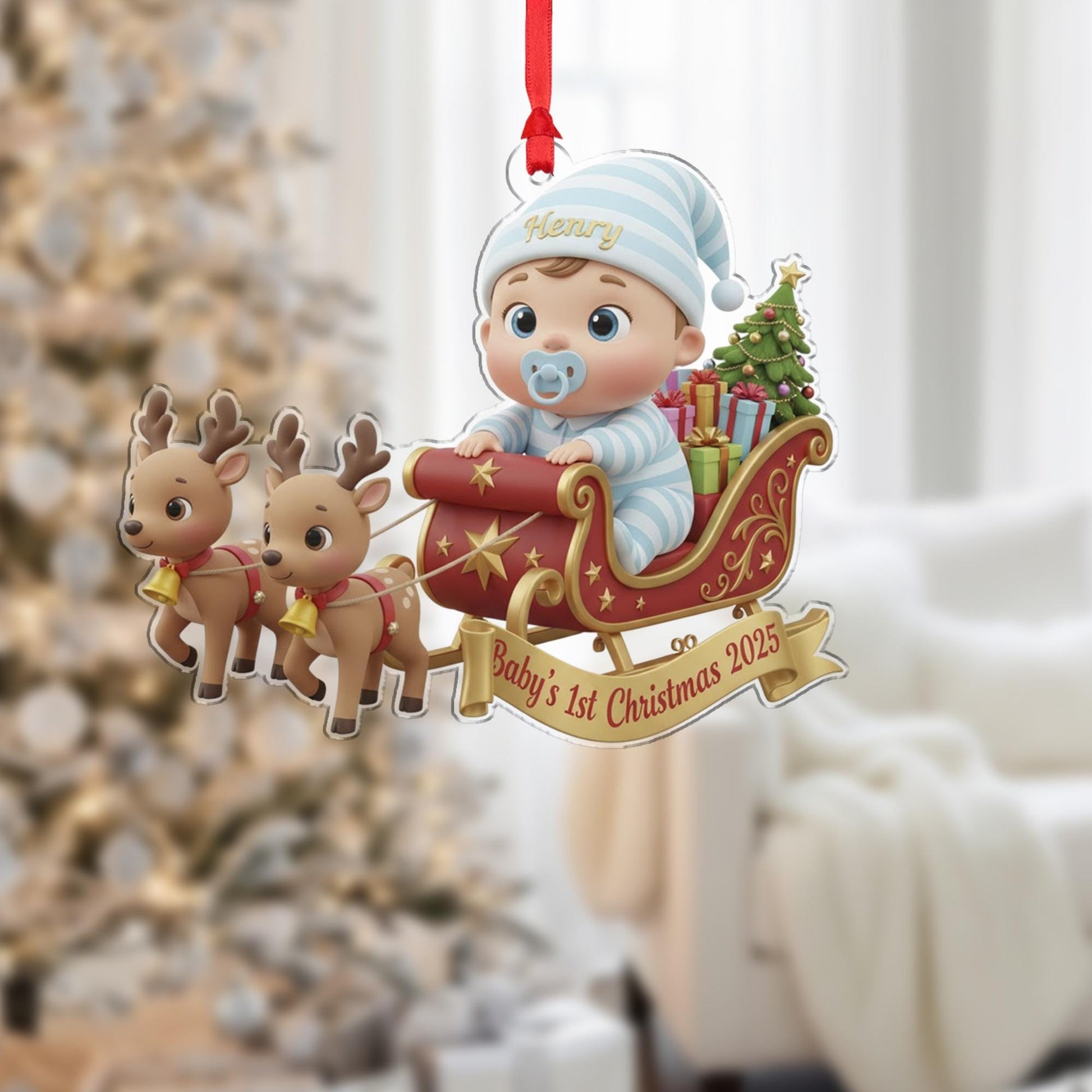 Personalized Baby's First Christmas Ornament, Baby in Sleigh, Custom Keepsake image 5
