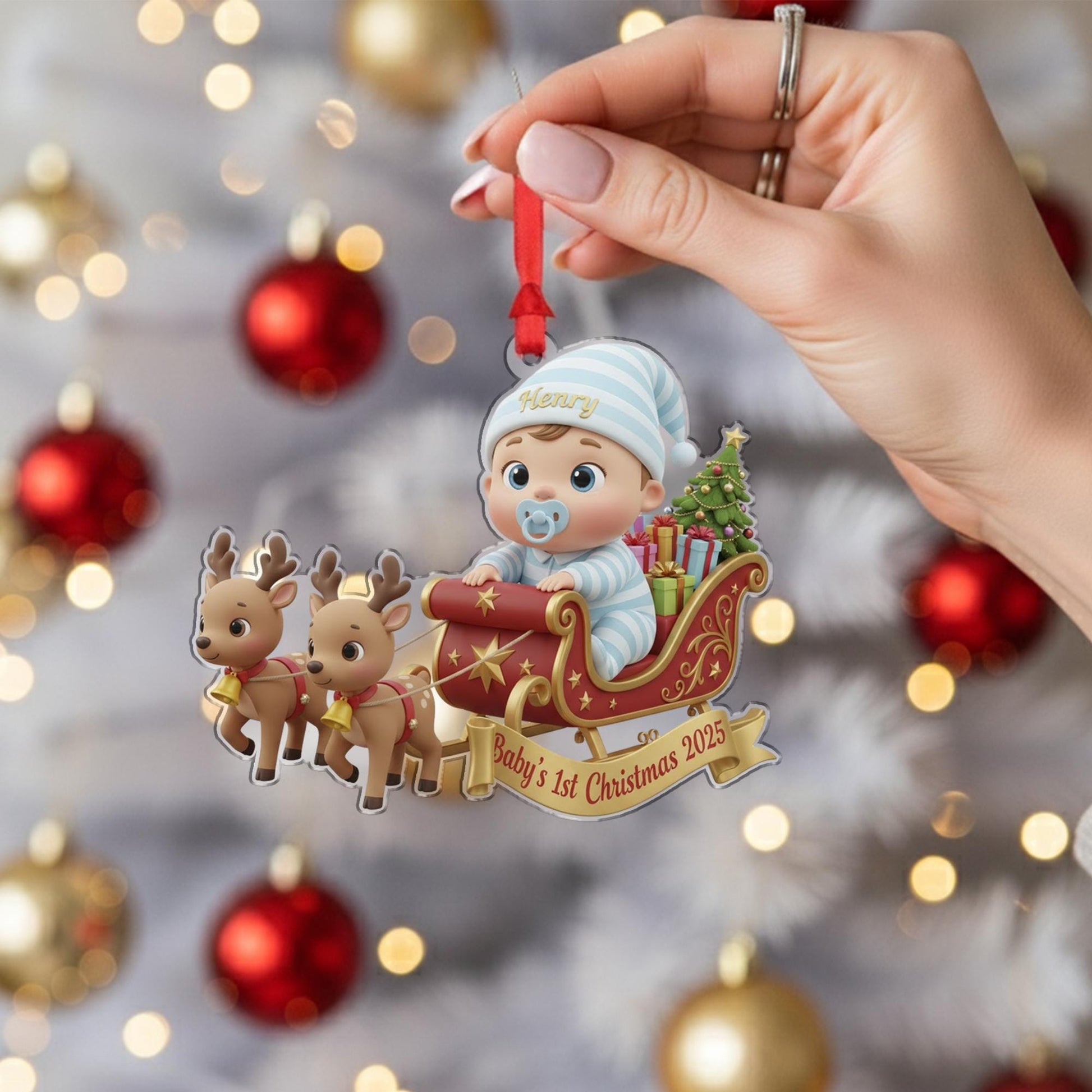 Personalized Baby's First Christmas Ornament, Baby in Sleigh, Custom Keepsake image 10