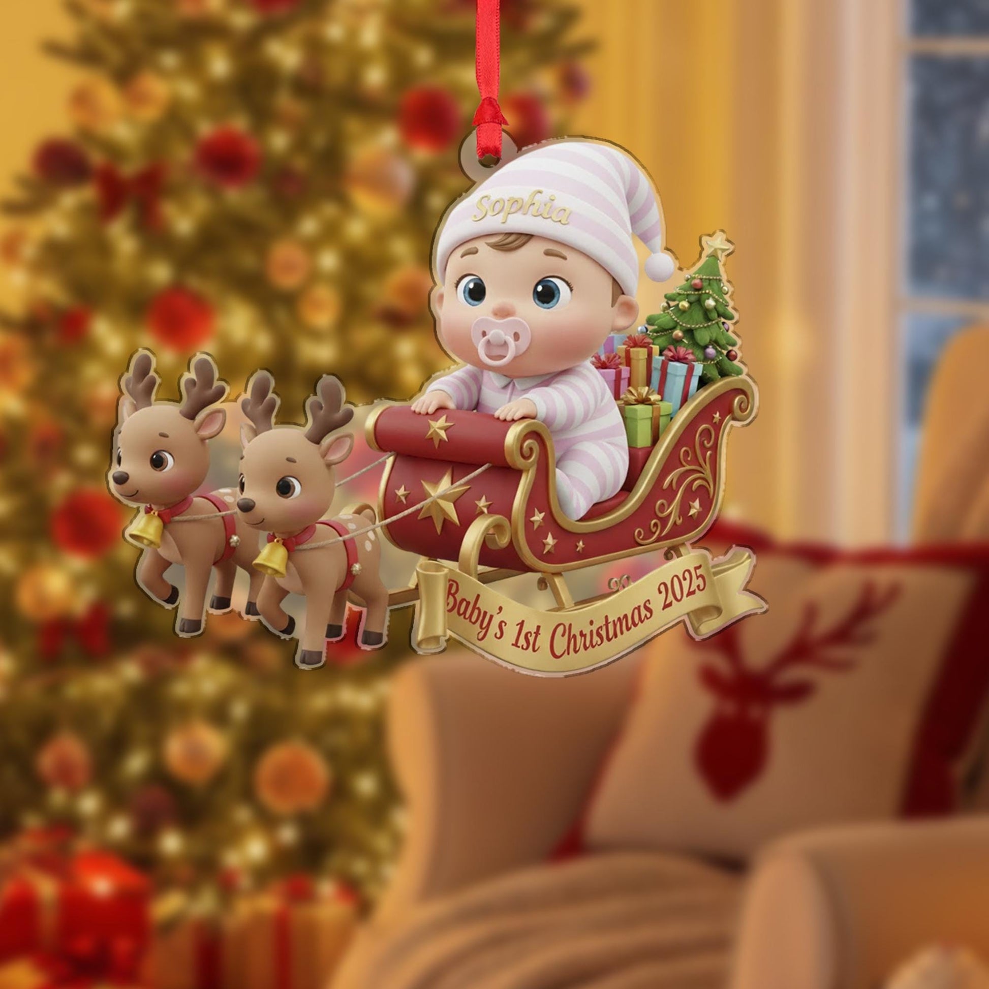 Personalized Baby's First Christmas Ornament, Baby in Sleigh, Custom Keepsake image 9