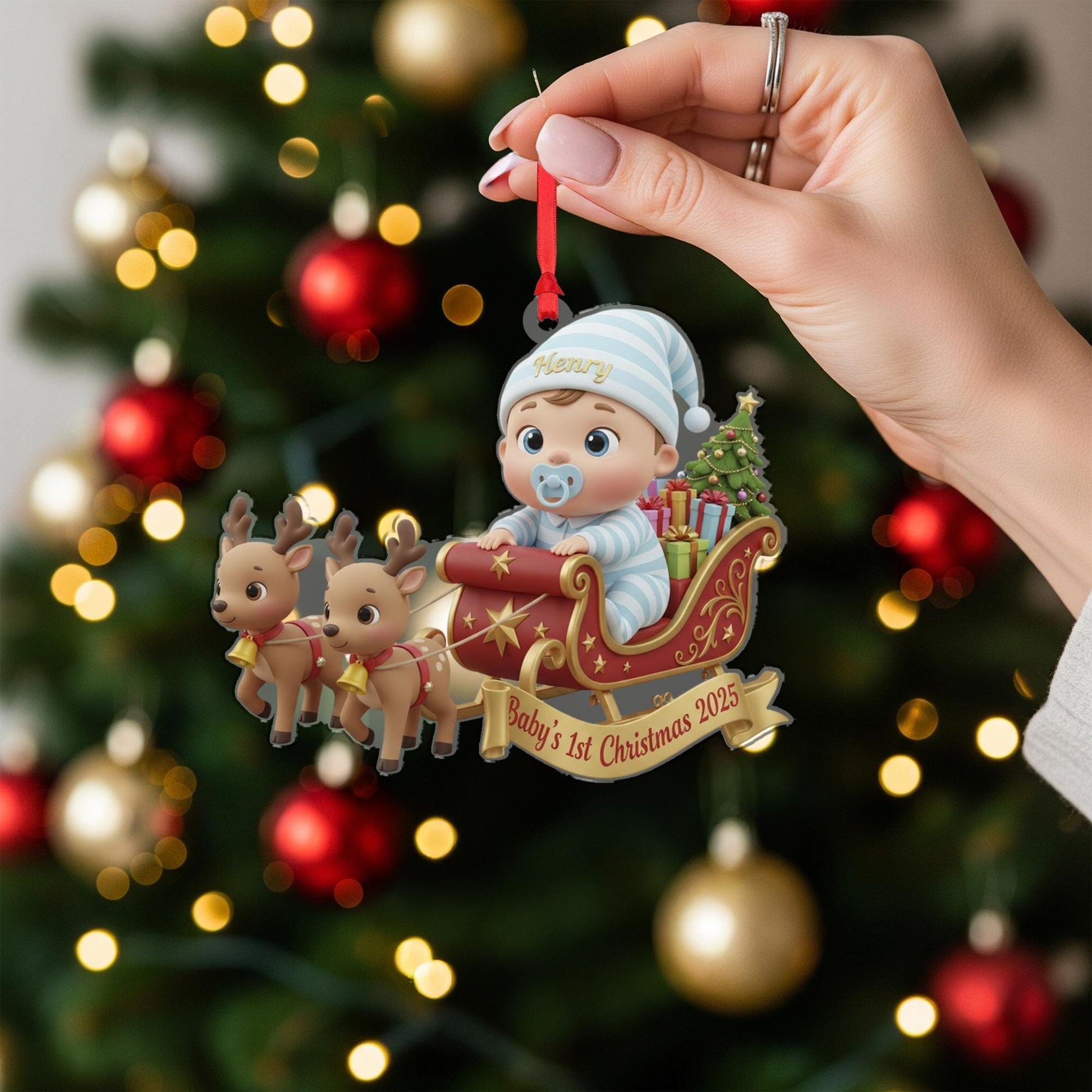 Personalized Baby's First Christmas Ornament, Baby in Sleigh, Custom Keepsake image 2