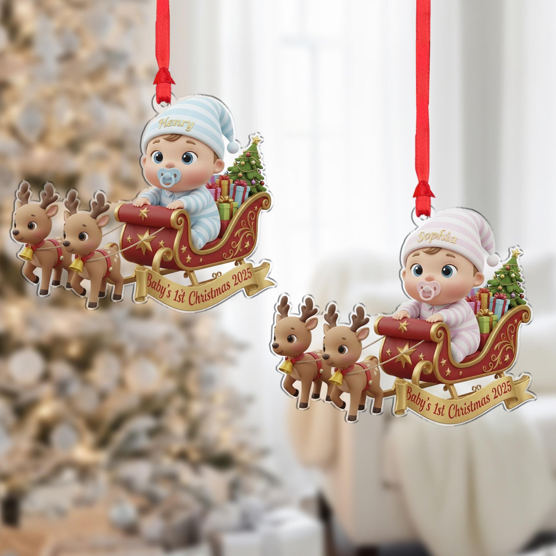 Personalized Baby's First Christmas Ornament, Baby in Sleigh, Custom Keepsake image 1