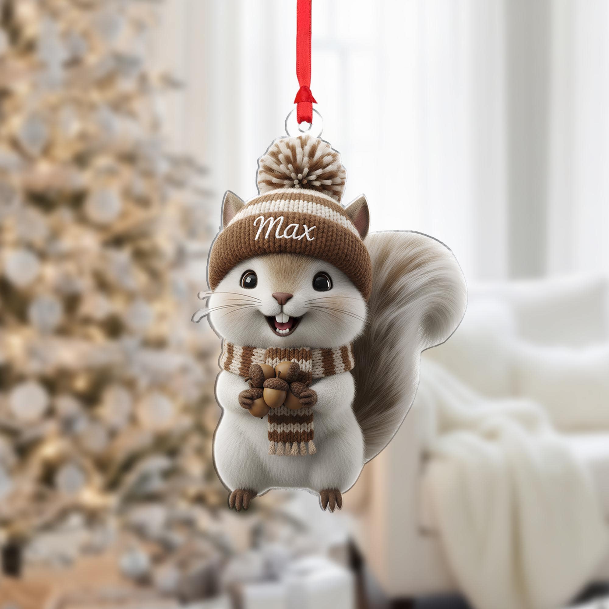 Personalized Squirrel Ornament, Custom Name Hat Keepsake, Acrylic Animal Decor, Woodland Christmas image 1