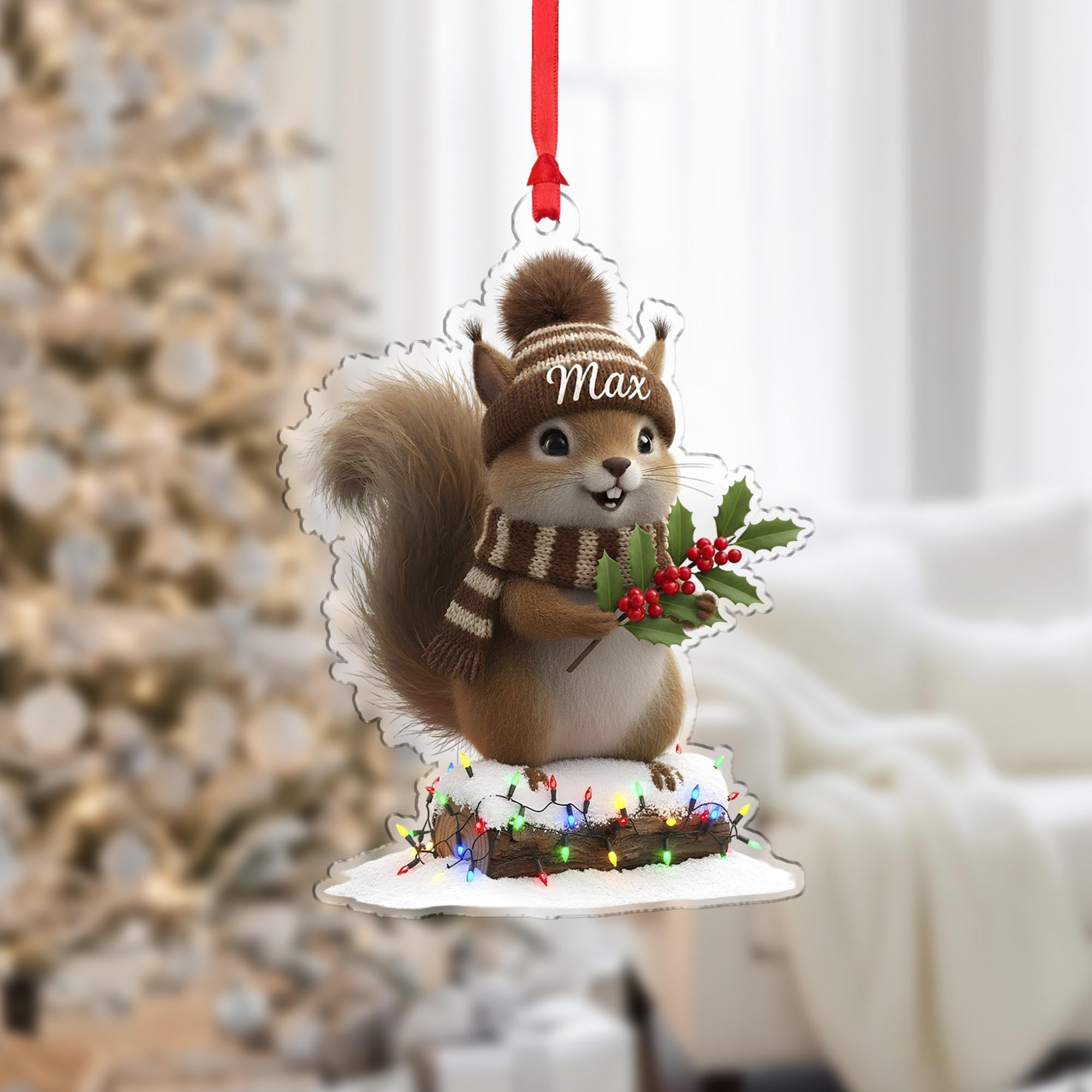 Personalized Squirrel Ornament, Custom Name Keepsake, Woodland Animal on Log, Acrylic Christmas Decor image 2