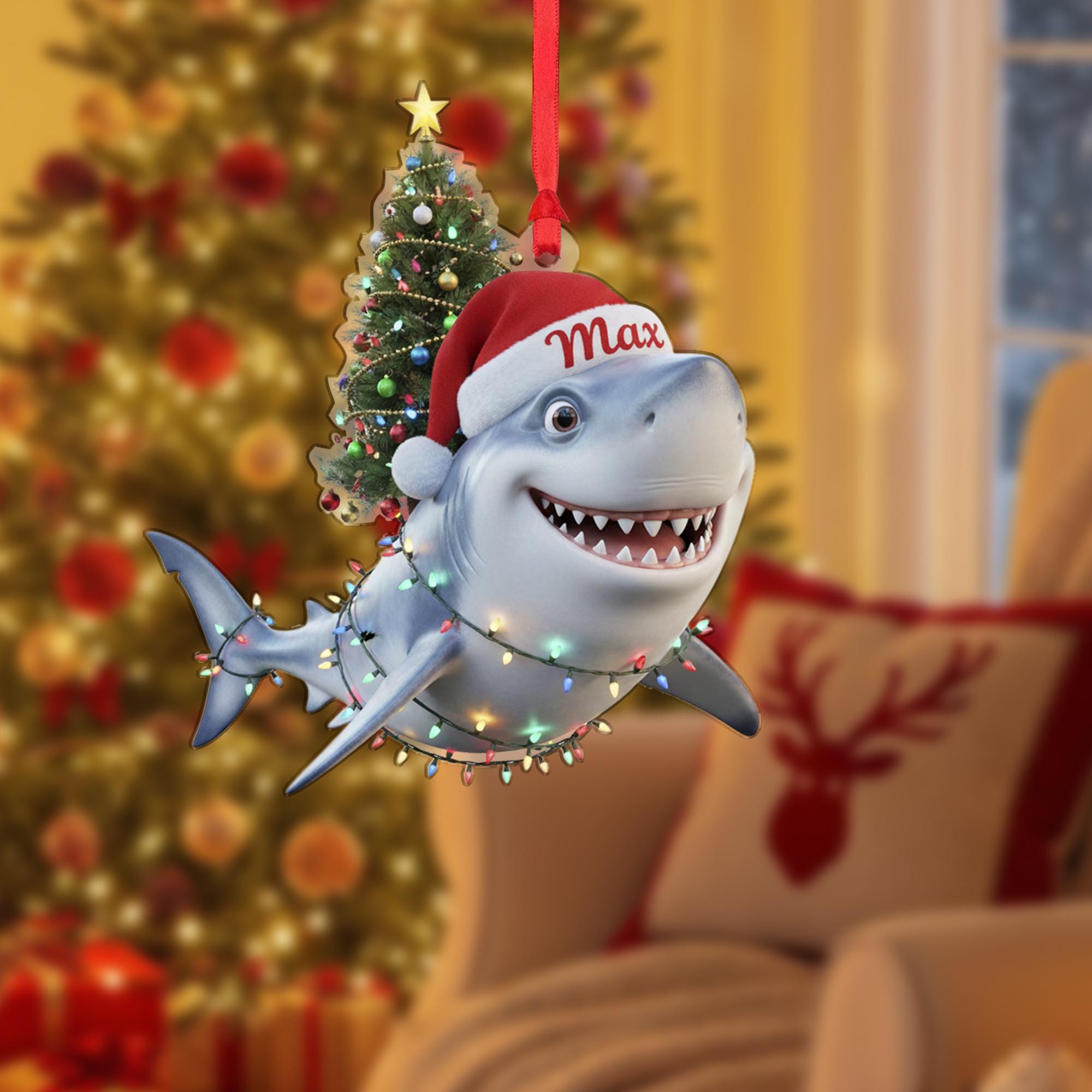 Personalized Shark Ornament, Custom Name Santa Hat, Christmas Tree Keepsake, Acrylic Animal Decor image 2