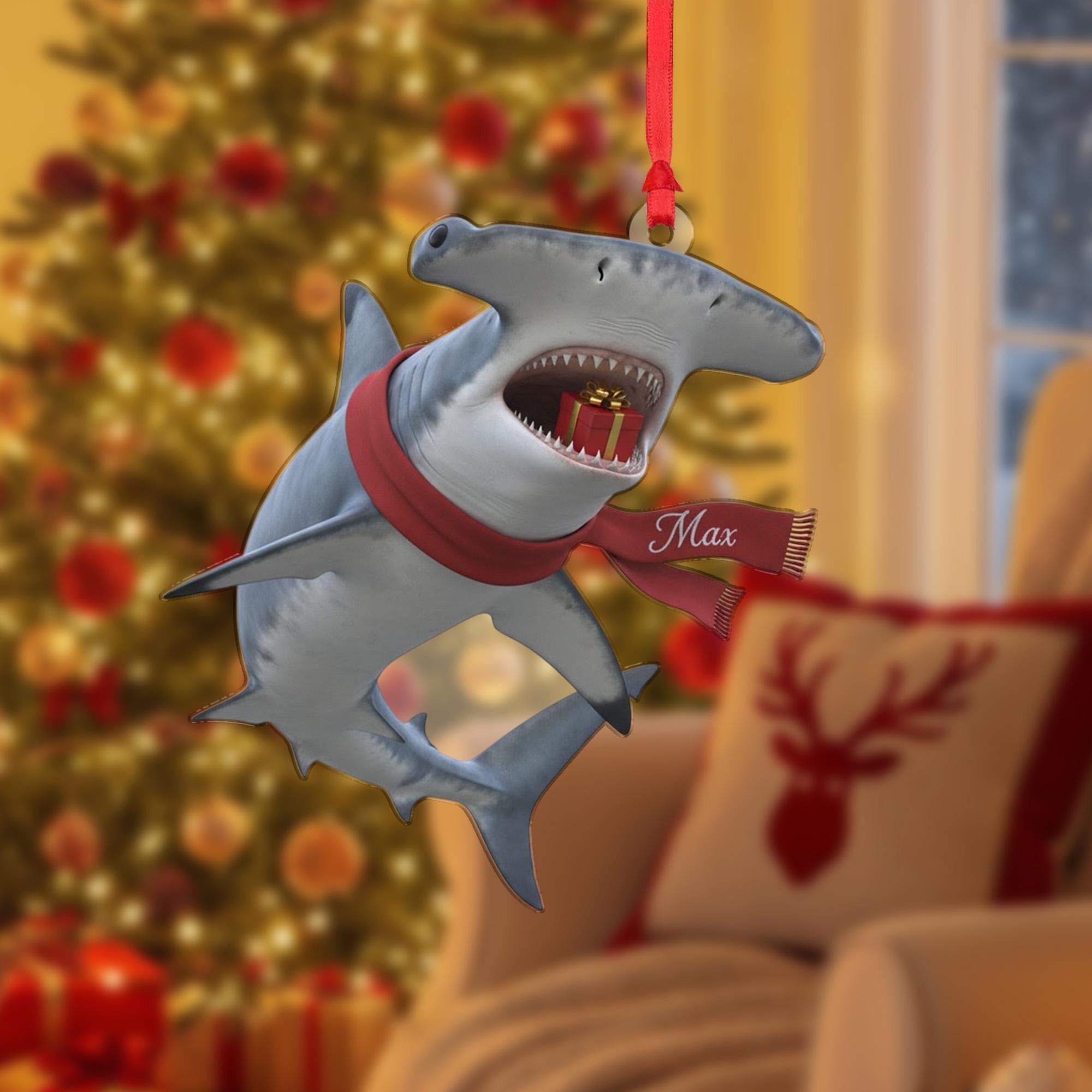 Personalized Hammerhead Shark Ornament, Custom Name Scarf, Christmas Keepsake, Acrylic Animal Decor image 2