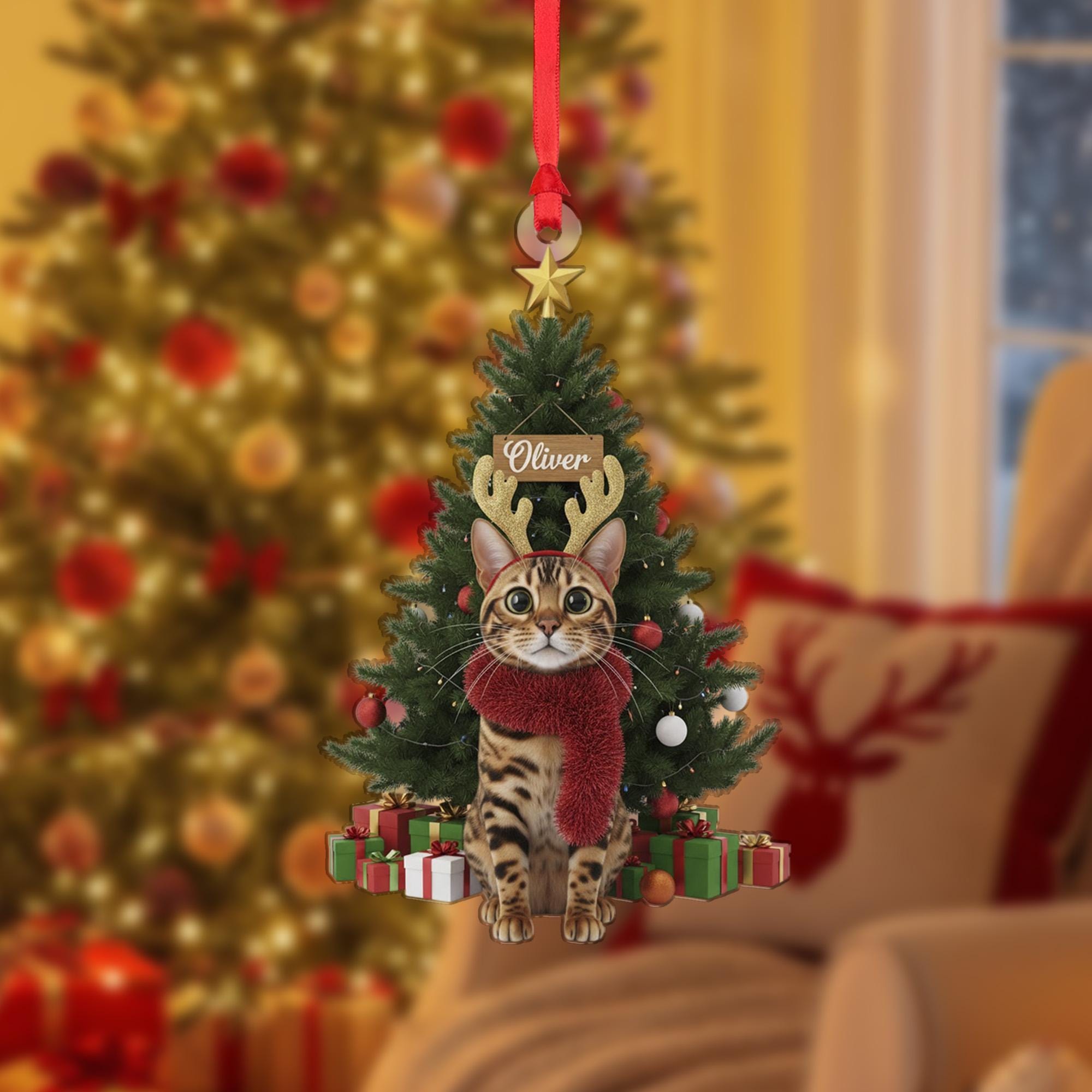 Personalized Bengal Cat Ornament, Custom Name Pet Keepsake, Reindeer Antlers, Christmas Tree Decor image 2