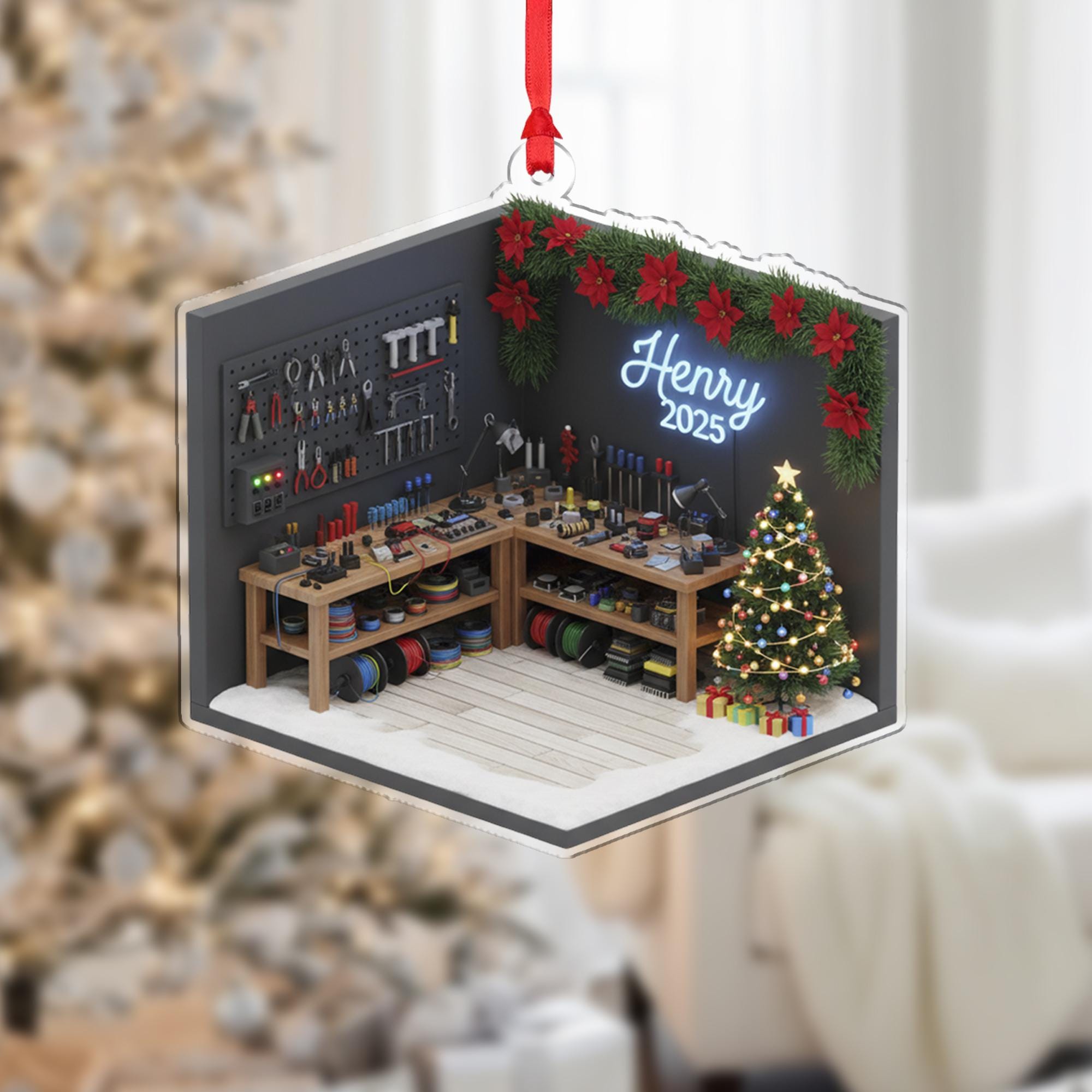 Personalized Electrician Ornament, Workshop Diorama Keepsake, Custom Name Neon Sign, Christmas 2025 image 1