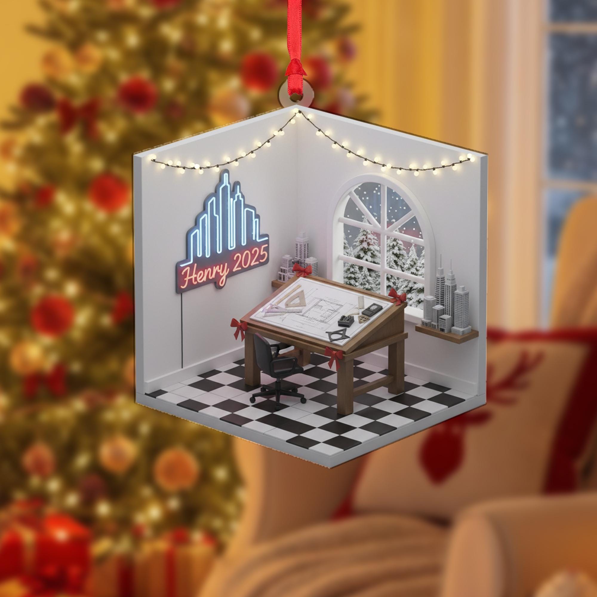 Personalized Architect Ornament, Drafting Table Diorama, Custom Name Neon Sign, Christmas 2025 Keepsake image 2