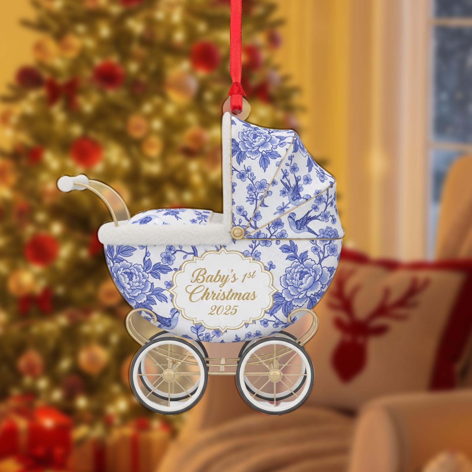 Baby's 1st Christmas Ornament, Chinoiserie Baby Carriage, Blue and White Floral Pram, 2025 Keepsake image 2