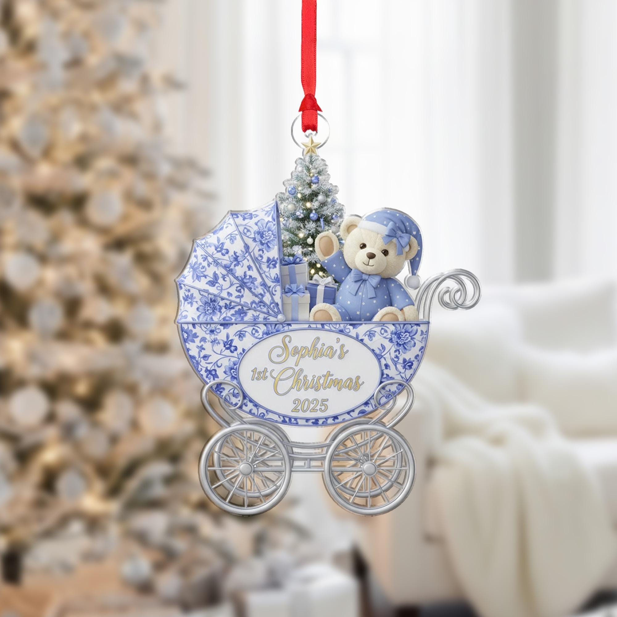 Personalized Baby's 1st Christmas Ornament, Blue Chinoiserie Carriage, Teddy Bear Keepsake, Custom Name 2025 image 1