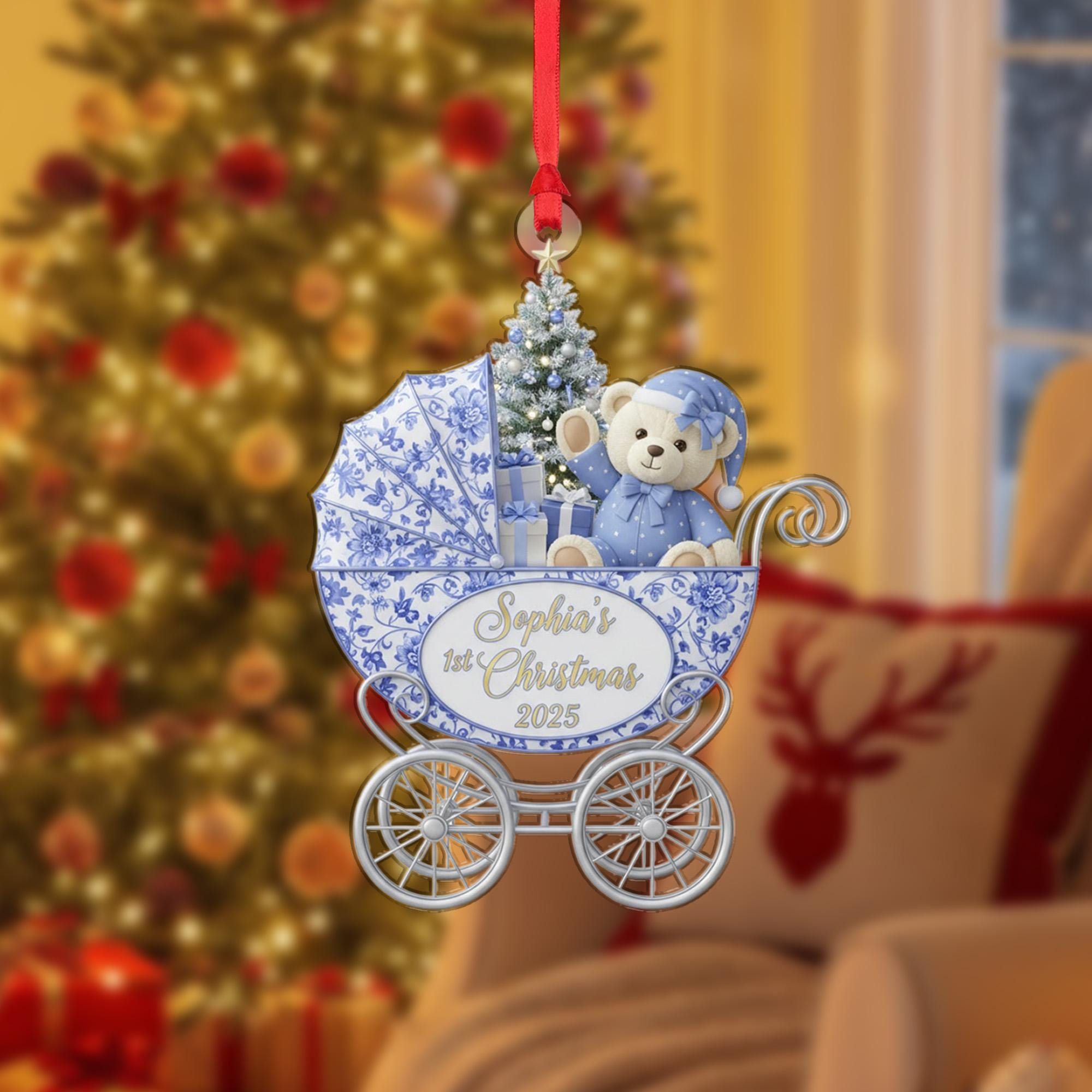 Personalized Baby's 1st Christmas Ornament, Blue Chinoiserie Carriage, Teddy Bear Keepsake, Custom Name 2025 image 2