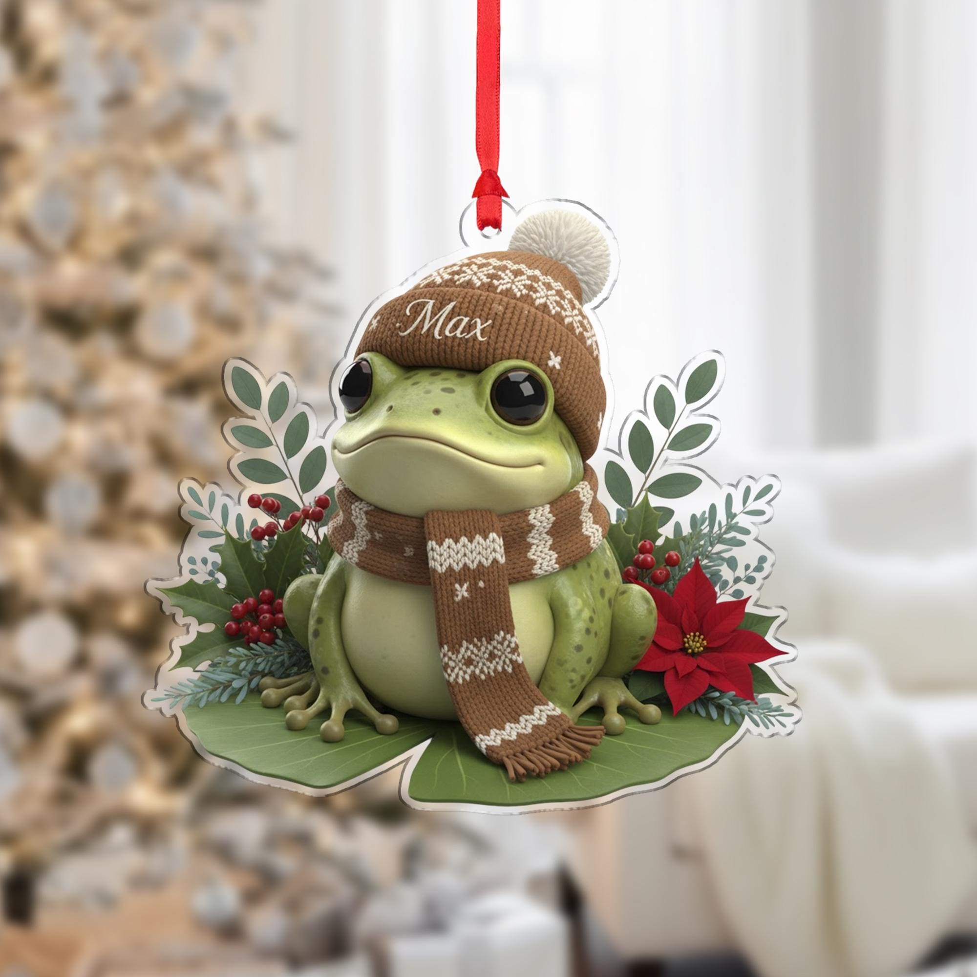 Personalized Frog Ornament, Custom Name Winter Hat, Lily Pad Keepsake, Woodland Animal Decor image 2