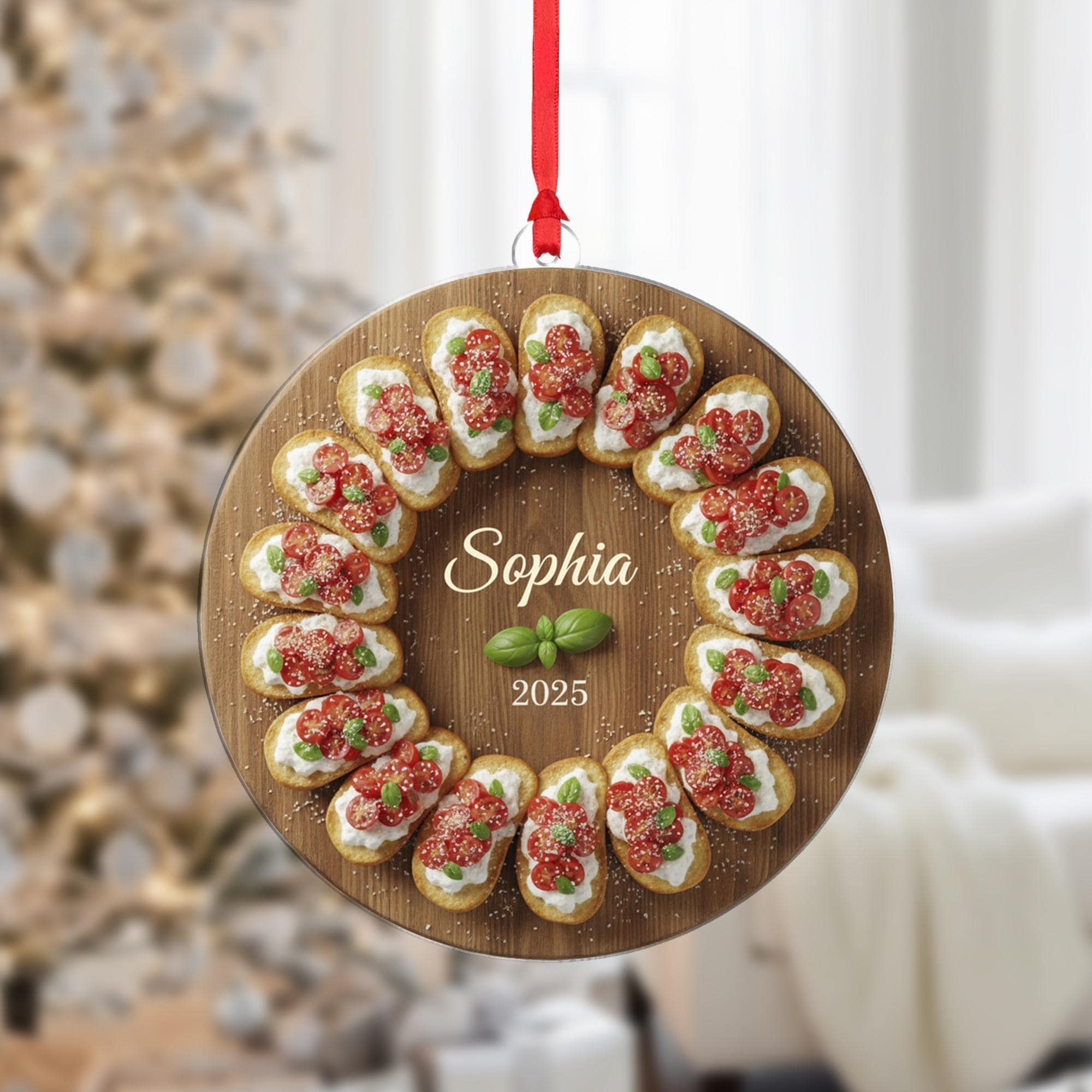 Personalized Bruschetta Ornament, Food Wreath Keepsake, Custom Name 2025, Round Cutting Board Decor image 1